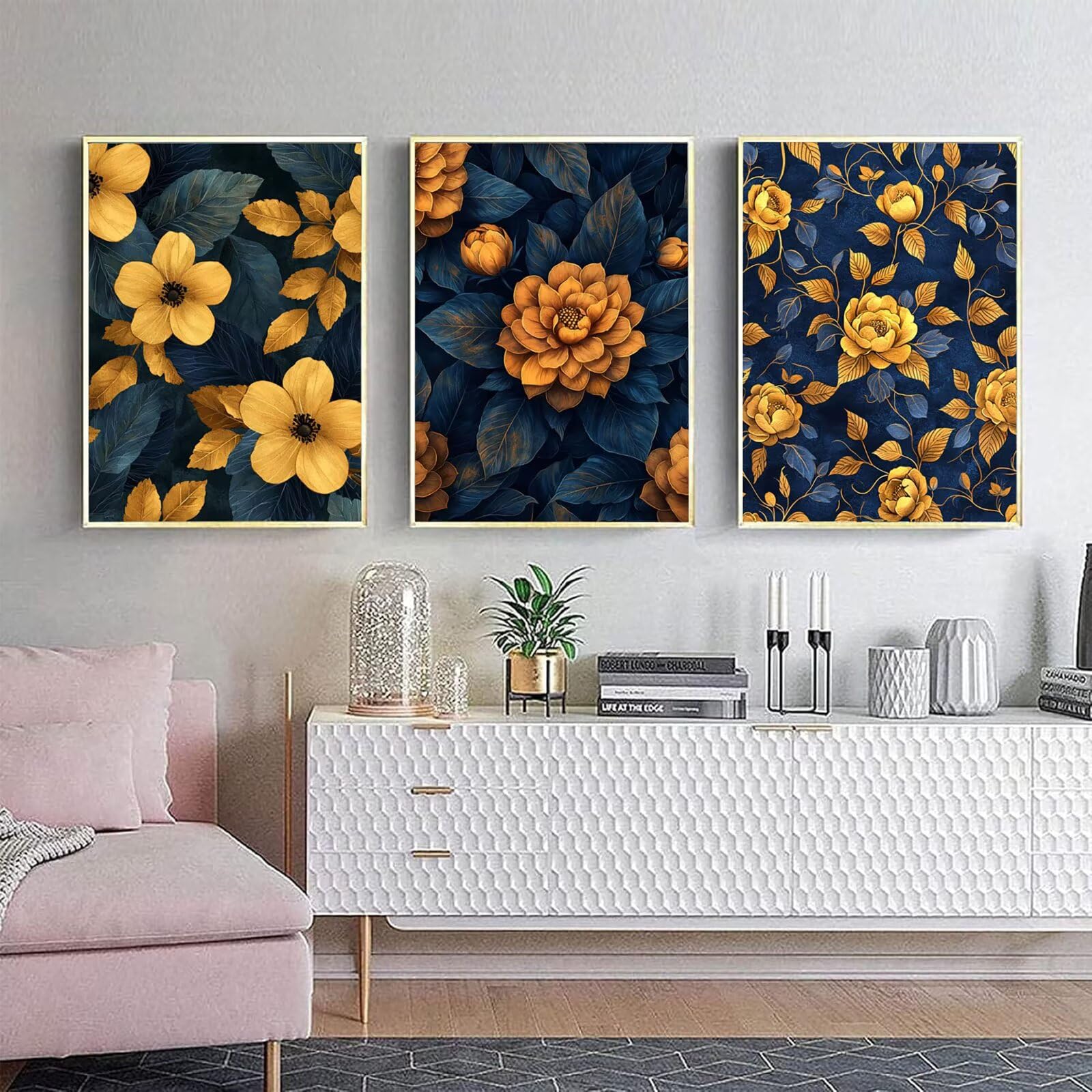 Cnyaunfi 3 Pezzi Fiore Pittura Diamante Fai-Da-Te, 5D Blu Diamond Painting Kit Completo per, Hobby Creativi Adulti, Pittura Diamante Artigianale Per La Decorazione Della Parete Di Casa 70x90cm YF-3461