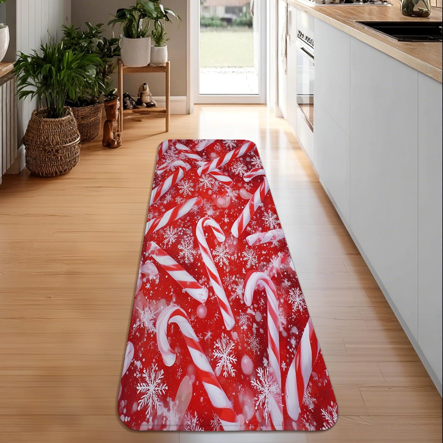 Candy Cane Runner Rug, Christmas Festive Snowflake Bubbles Christmas Red Non-Slip Home Floor Rectangle Print Carpet for Kitchen Entryway Bathroom Doorway Decor 2x6 Ft