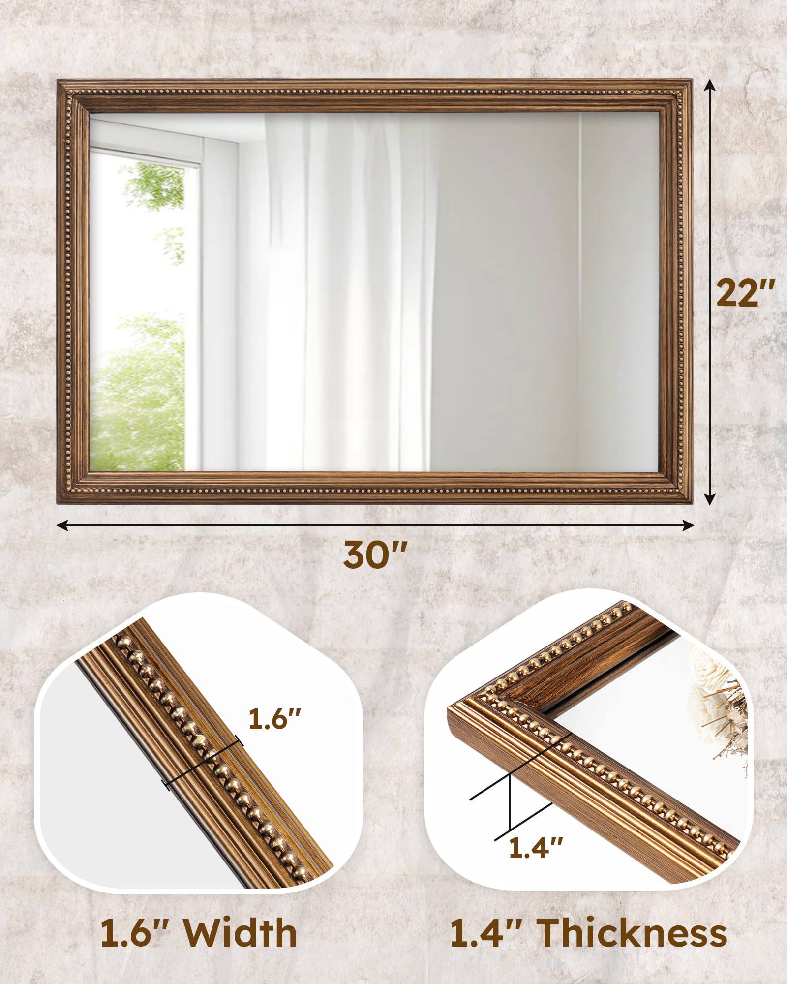 Axeman Espejo de pared de madera de 22 x 30 pulgadas, espejo de baño rústico, espejo vintage montado en la pared de vidrio templado con marco de madera con cuentas para sala de estar, tocador,