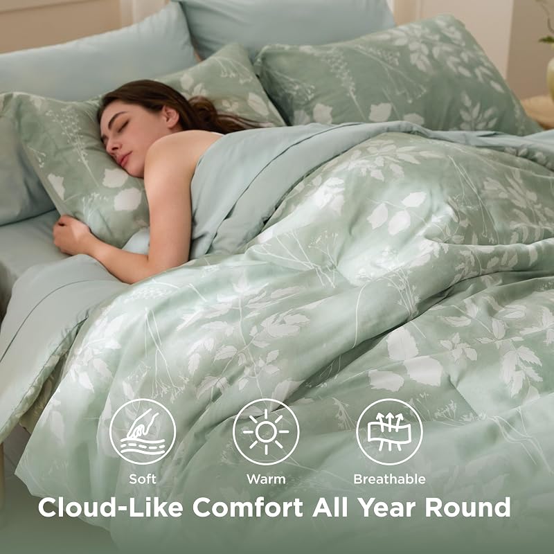 Bedsure Sage Green King Comforter Set, Floral Bedding Sets, 7 Piece image 4