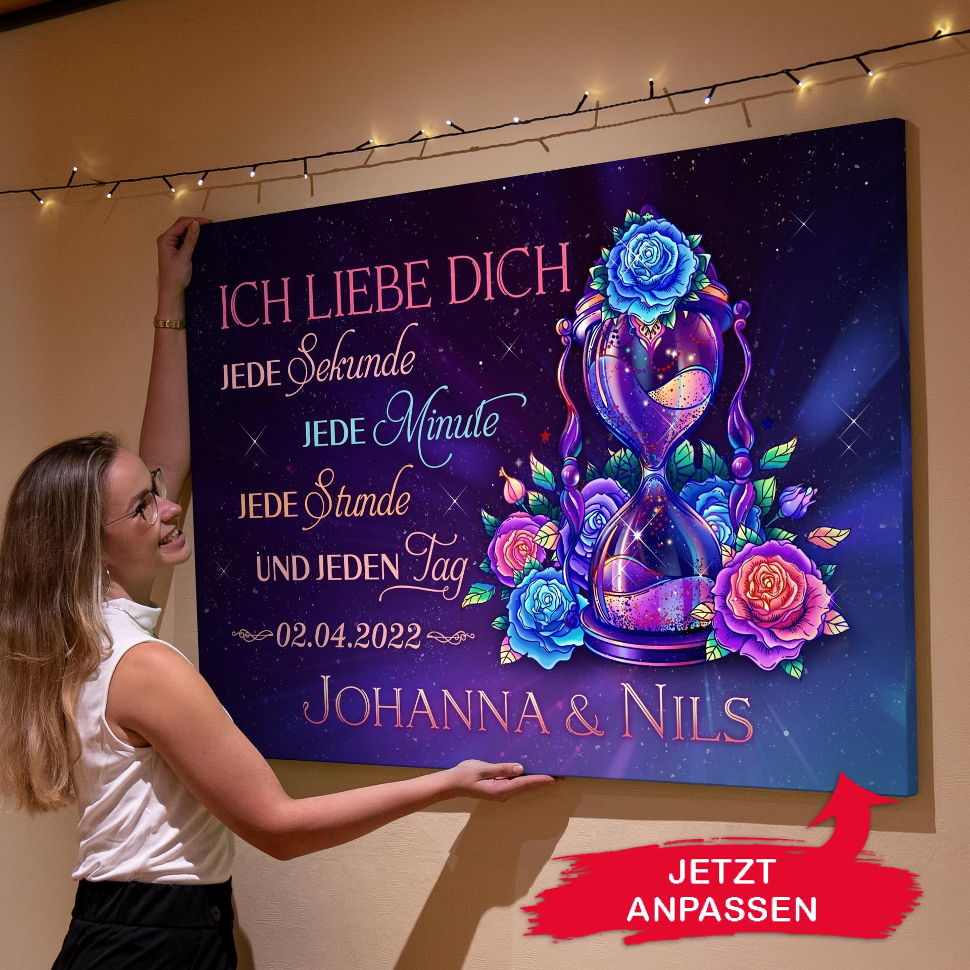 Liebesleinwand Das sind wir Leinwand: Sand der Zeit | Leinwandbild mit Namen und Datum | Wandbild gestalten | Jahrestag Geschenk für Frau Freundin Mann Freund