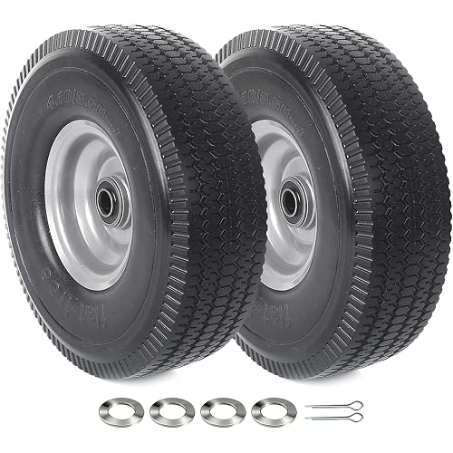 AR-PRO (2-Pack) 10-Inch Solid Wheel Replacement - 4.10/3.50-4 Flat Free Tire and Wheel with 5/8 extra 3/4 &1/2 Bearings and 2.25" Offset Hub - Compatible with Hand Truck, Generator, Gorilla Carts