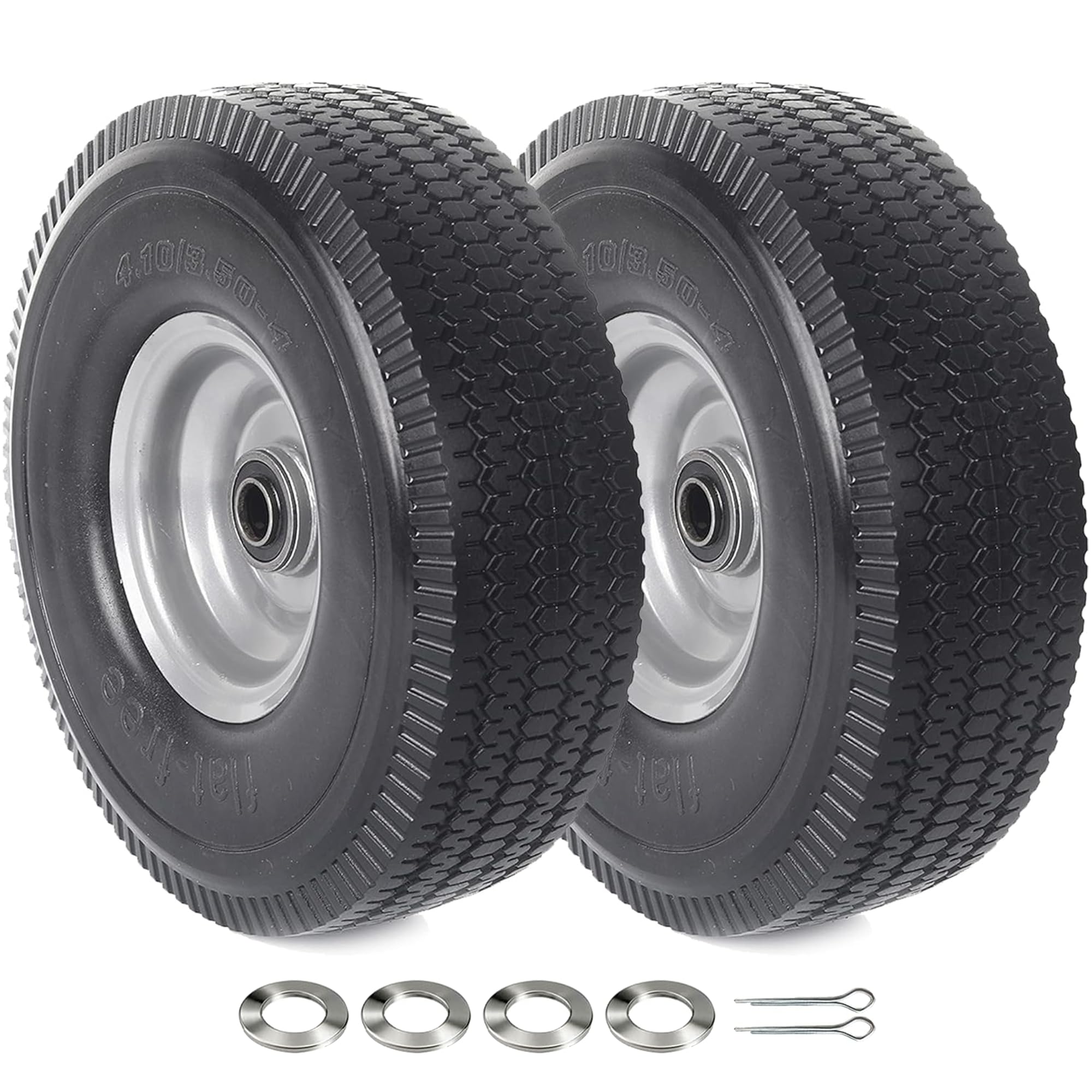 AR-PRO (2-Pack) 10-Inch Solid Wheel Replacement - 4.10/3.50-4 Flat Free Tire and Wheel with 5/8 extra 3/4 &1/2 Bearings and 2.25" Offset Hub - Compatible with Hand Truck, Generator, Gorilla Carts