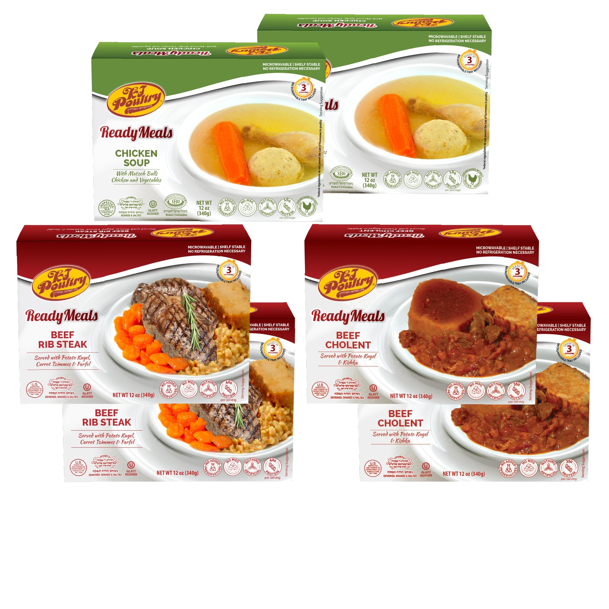 KJ Poultry Kosher Ready Meals - Shabbos Beef Variety (6 Pack) Prepared Entree Fully Cooked, Shelf Stable Microwave Dinner Travel Military Camping Emergency Survival Protein Food Supply