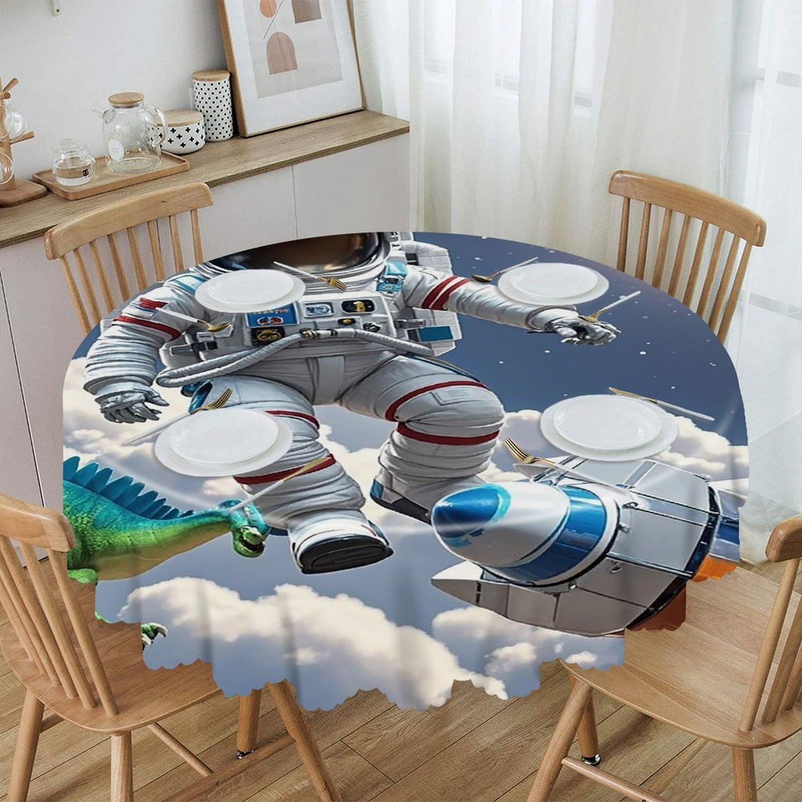 VstaDank Funny Astronaut Dinosaur Rocket Round Tablecloth 60 Inch Easy to Clean Circle Table Cover Thick Decorative Round Polyester Table Cloth for Dining Kitchen Party Farmhouse Outdoor