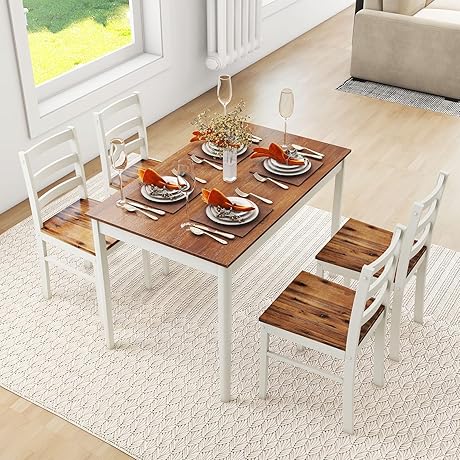 Tangkula 4-Person Farmhouse Dining Table Set with Solid Wood and Rubber Wood Legs (Brown+Light Grey)