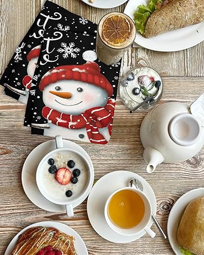 Miniatura 4 de Juego de 2 toallas de cocina de tejido de punto gofre de algodón, muñeco de nieve con muñeco de nieve rojo, copos de nieve de Navidad, color negro,