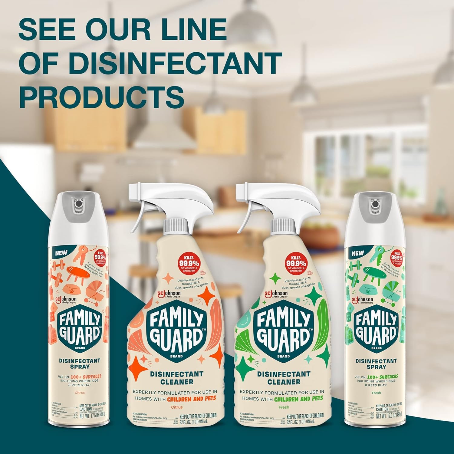 FAMILYGUARD Brand Disinfectant Spray Trigger & Multi Surface Cleaner, Antibacterial Spray, Expertly Formulated for Use In Homes with Children & Pets, Fresh Scent, 32 oz (Pack of 3)