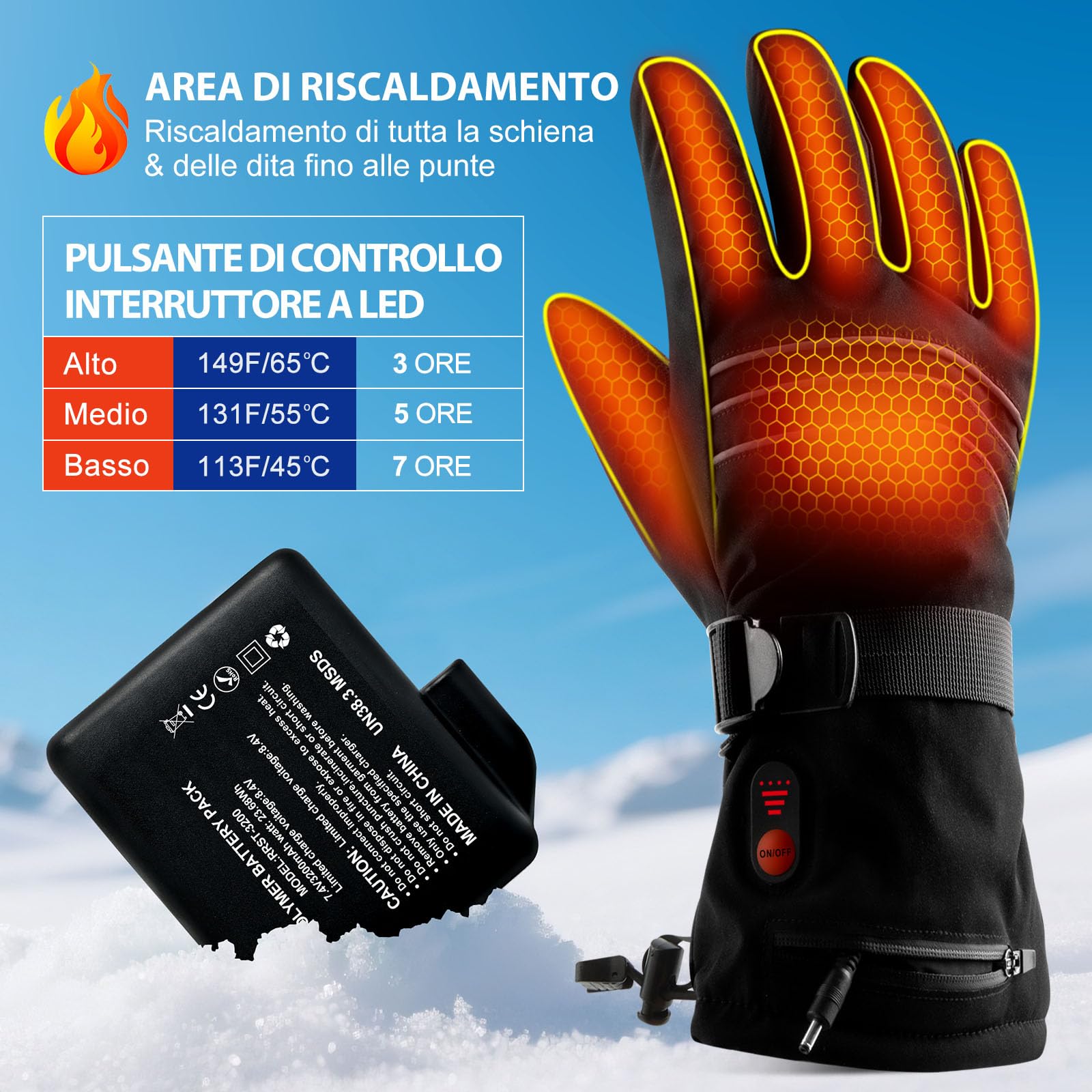 Guanti Riscaldati Elettrici per Uomo e Donna, Guanti Riscaldati Impermeabili Ricaricabili con Batterie 7,4V 6400mAh