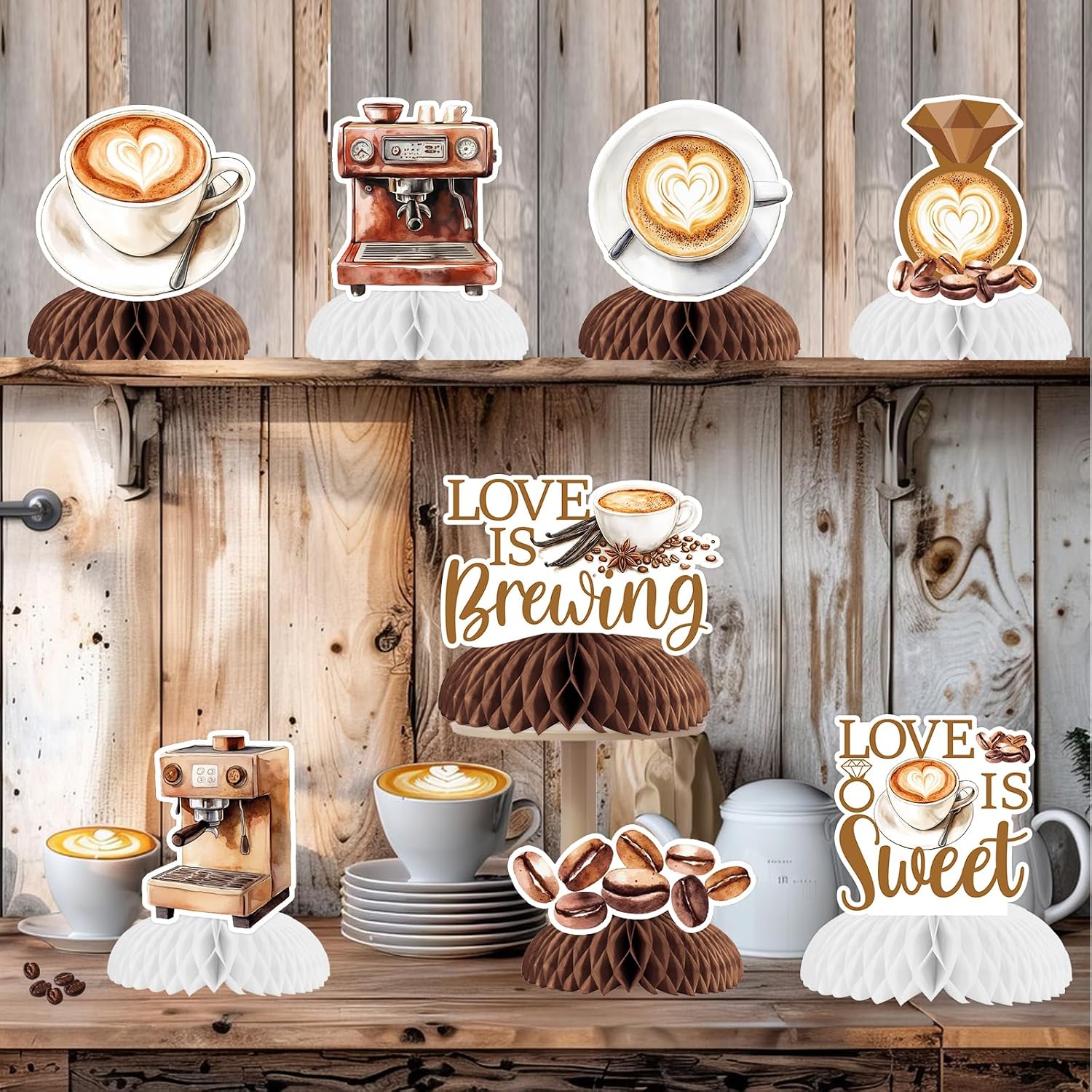 Coffee Bridal Shower Decorations, 8pcs Love is Brewing Bridal Shower Decorations Honeycomb Centerpiece Double-sided Printing for Coffee Bride to Be Bachelorette Engagement Party Supplies