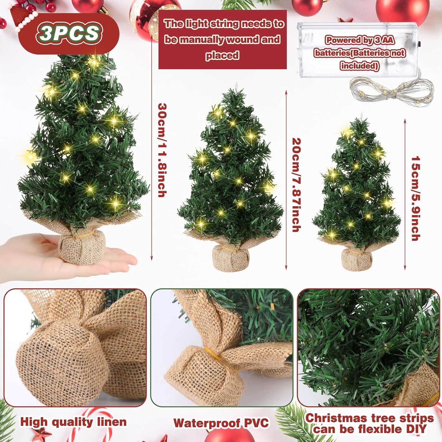 Shappy 3 Pcs Mini Christmas Tree with Light Pre Lit Xmas Artificial Tabletop Tree LED Miniature Christmas Tree with Linen Base for Indoor Home Kitchen Dining Table Holiday Decorations, Assorted Sizes