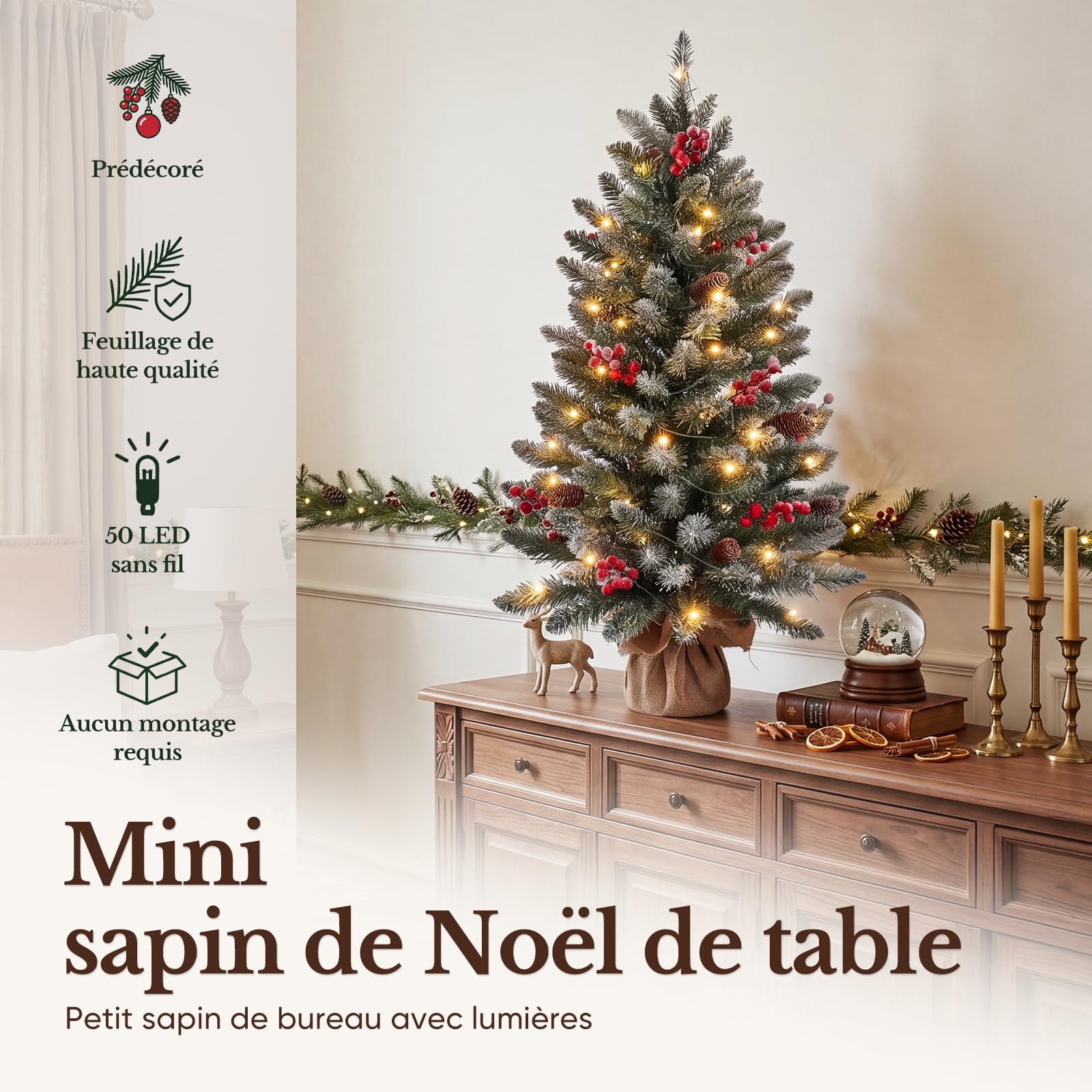 HOKEEPER Sapin de Noël artificiel 90 cm avec LED et baies | Sapin de Noël artificiel avec pommes de pin, montage facile, support stable, festif