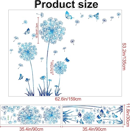Miniatura 2 de Buiory Calcomanías de pared extraíbles 3D de diente de león, flores y mariposas voladoras, murales autoadhesivos para despegar y pegar, decoración