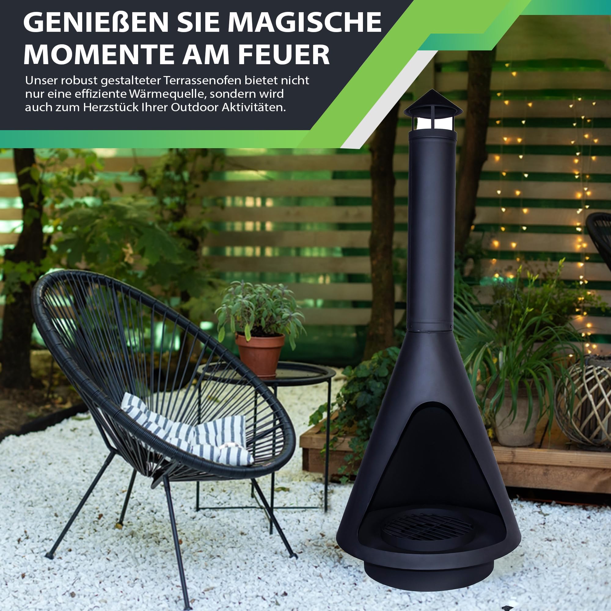 DRULINE- Gartenkamin. 143 cm hoher Grillkamin, aufgebaut als Dreibein Grill mit integrierter Feuerschale. Die Pyramide ist hervorragend als Terrassenofen geeignet.