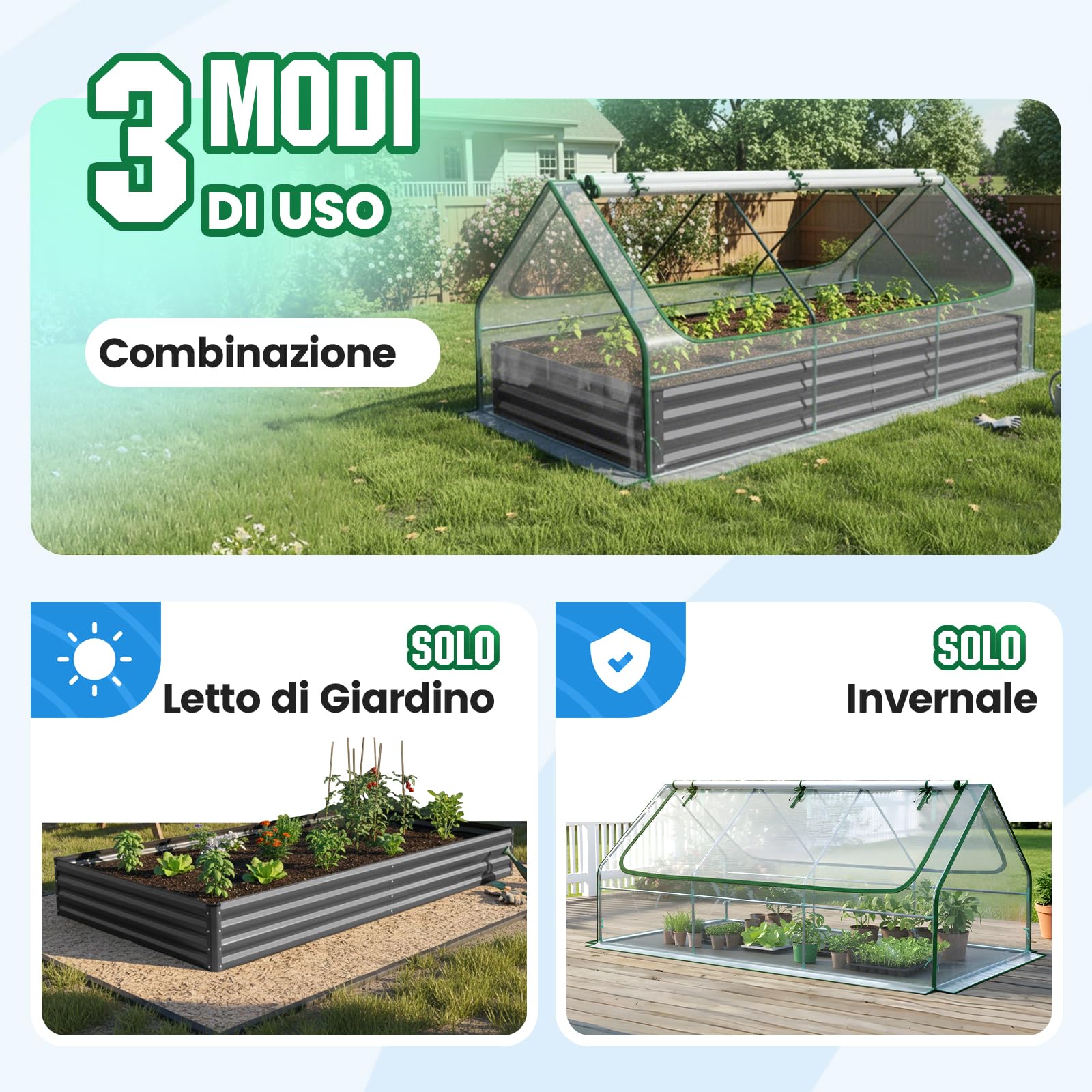 Quictent Orto RiAlzato in Metallo Galvanizzato con Copertura di Mini Serra, Fioriera 3 in 1 Grande per Giardini, Patios e Terrazze, 240x120x30cm