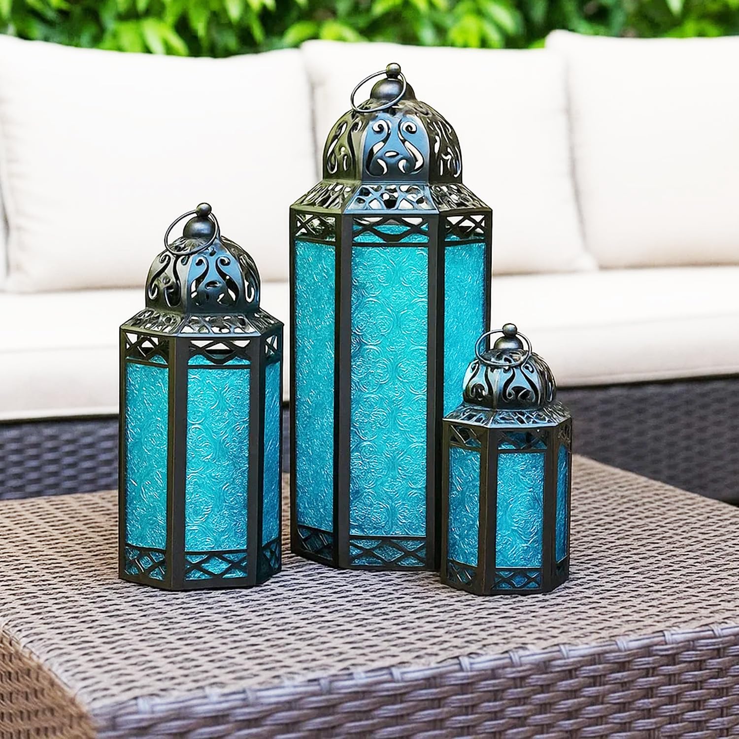 VELA LANTERNS Moroccan Candle Lanterns Decorative Set of 3 for Floor, Ramadan Decorations, Indoor Home Decor, Outdoor Patio or Porch, Weddings, Blue