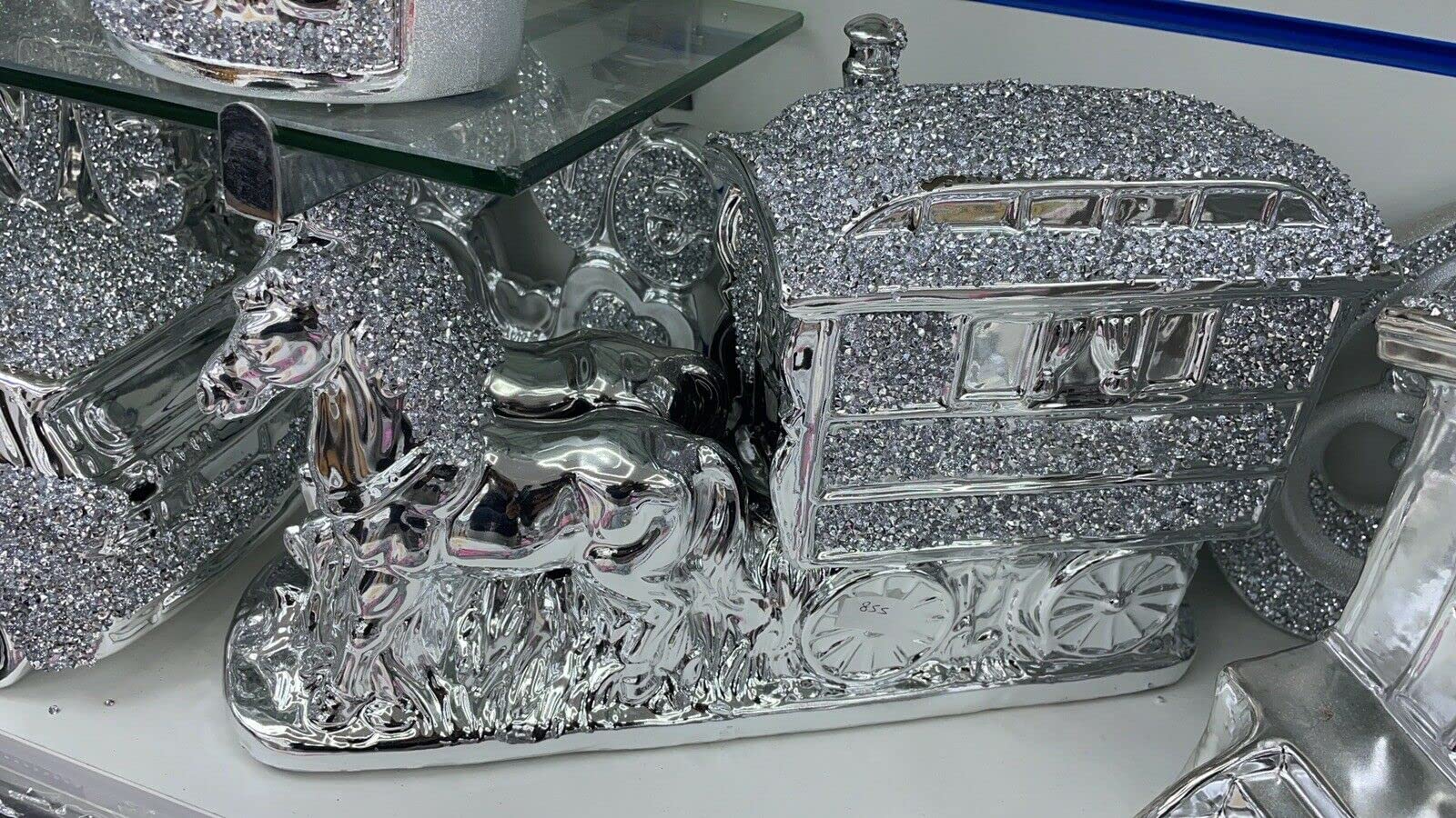 Biznest Silver Horse With Wagon Gypsy Crushed Diamond Carriageornament Shelfsitter Bling