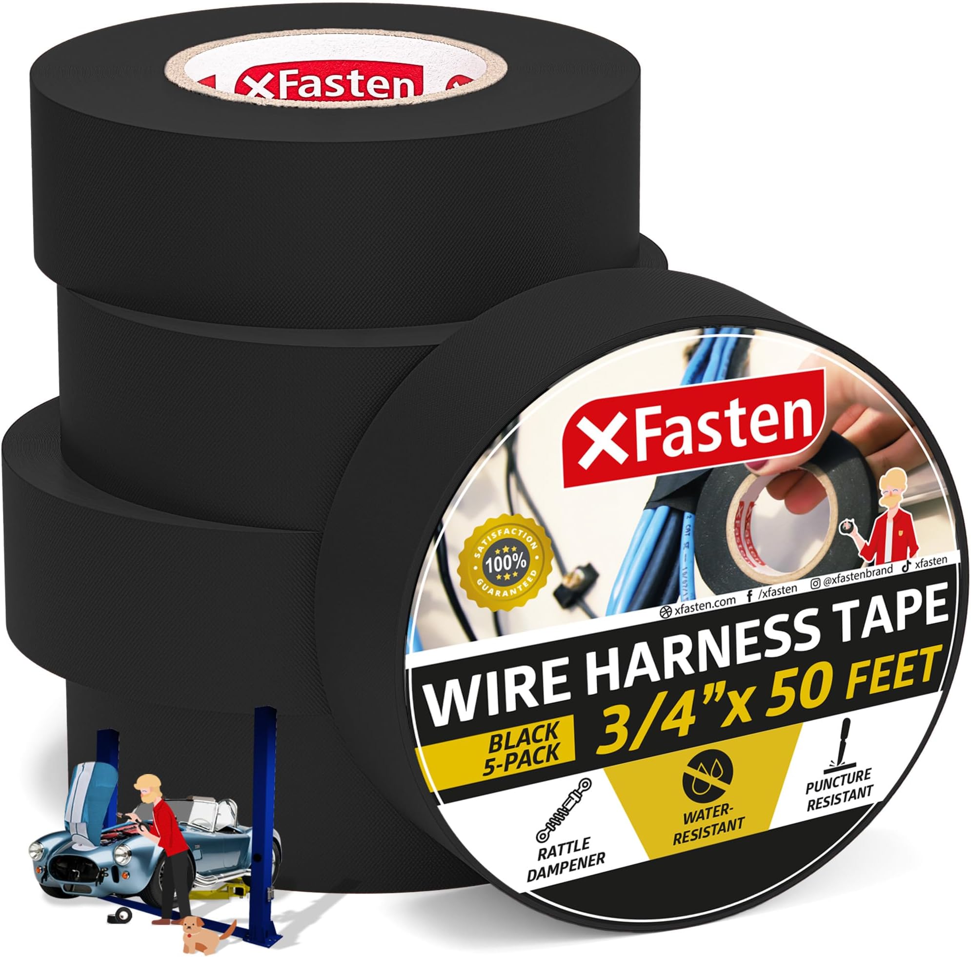 XFasten Wire Harness Tape, 3/4Inch by 50Foot (5Pack), High Temp