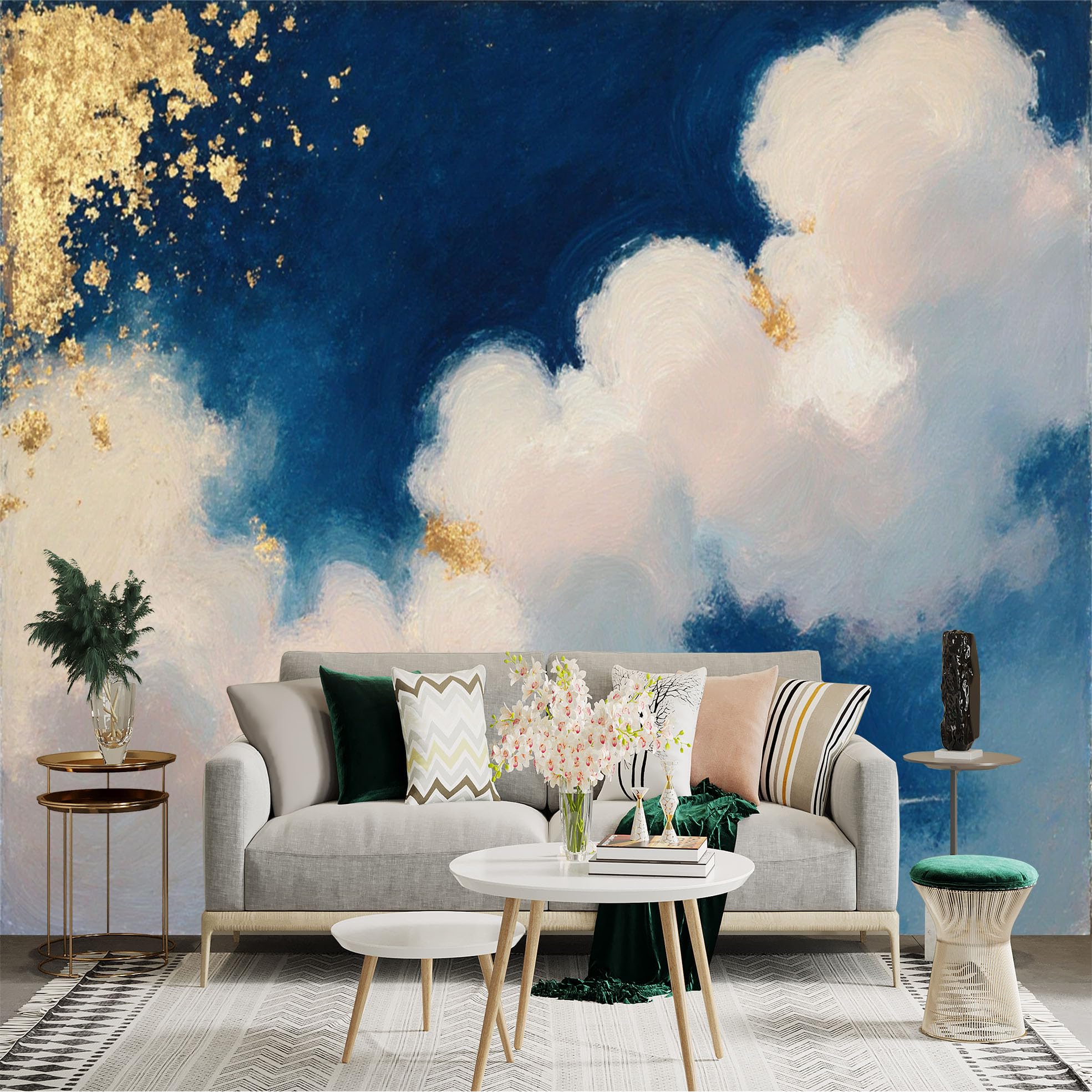 Custom Size Wall Sticker Mural， Abstract Navy Blue Sky， Fluffy White Clouds with Golden Foil Accents， Modern Artistic Oil Painting Texture， for wall Decoration， peelandstick wall Decals.