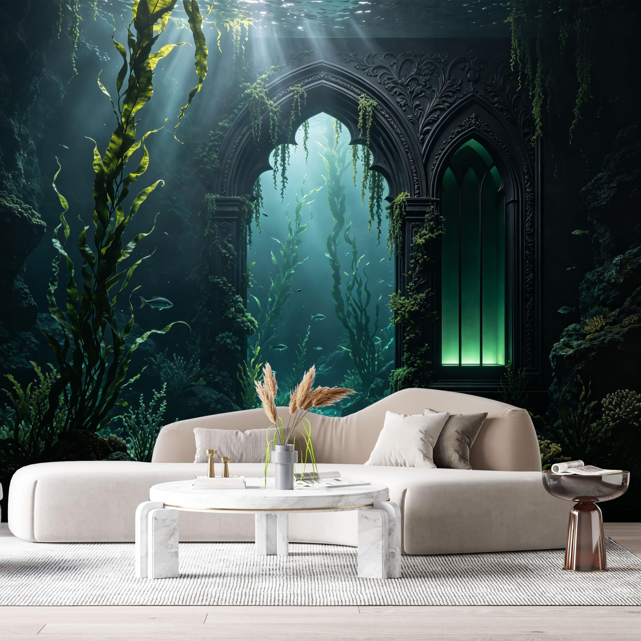 Custom Size Wall Murals Ocean Marine Gothic Archway Underwater Ruins 3D Trompe L'Oeil SelfAdhesiveWall Fabric Removable Wallpaper Wall Decor for Living Room Bedroom Bathroom