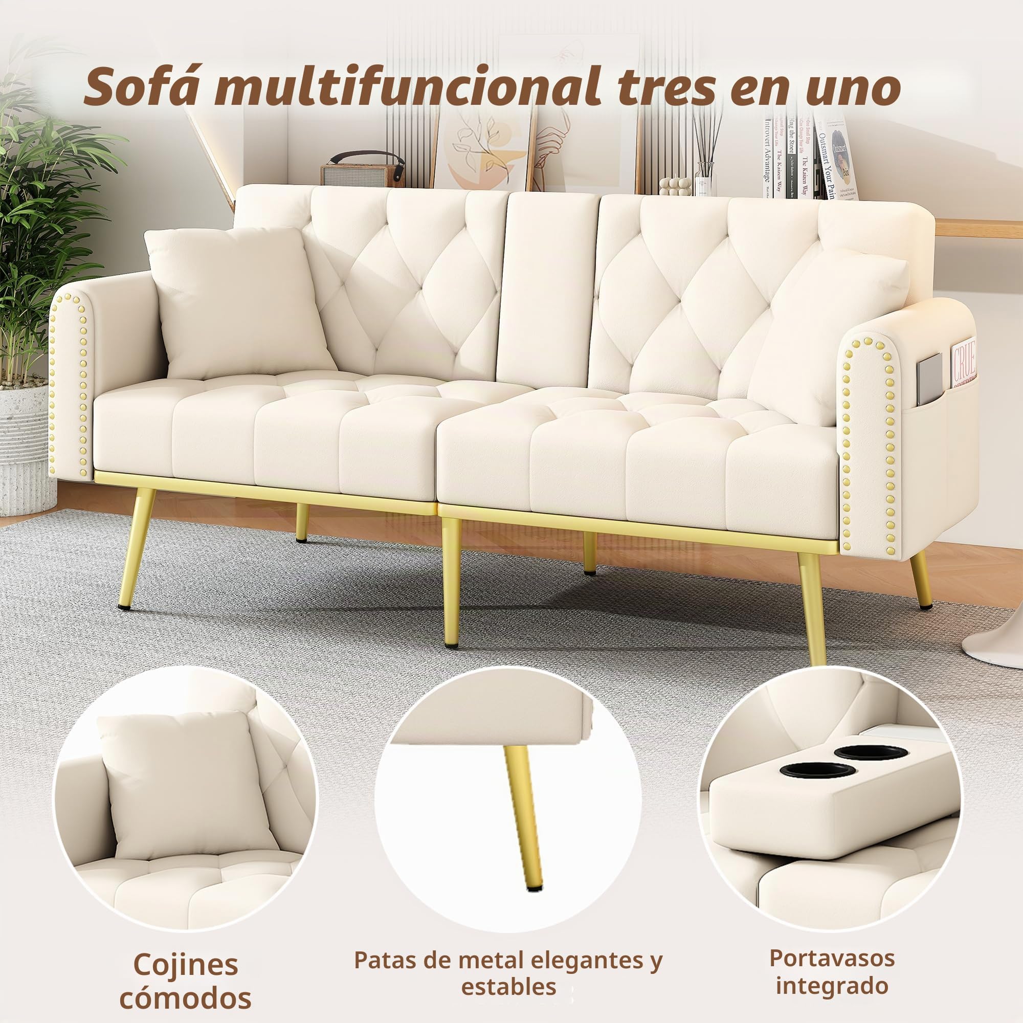 Azkoeesy Sofá Cama 2 plazas de 175 cm con 2 portavasos Plegables, 2 Almohadas, Patas de Metal Dorado/Remache, Respaldo Regulable, para salón, Tela de Terciopelo, Color Beige
