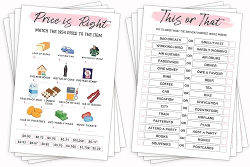 Juegos de fiesta de cumpleaños número 70, juegos de fiesta de cumpleaños de 1954, juego de tarjetas de doble cara, incluye Price is Right Games This