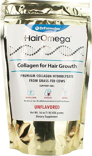 DrFormulas HairOmega - Colágeno para el crecimiento del cabello, proteína en polvo, péptidos de hidrolizado de colágeno bovino, sin sabor, sin