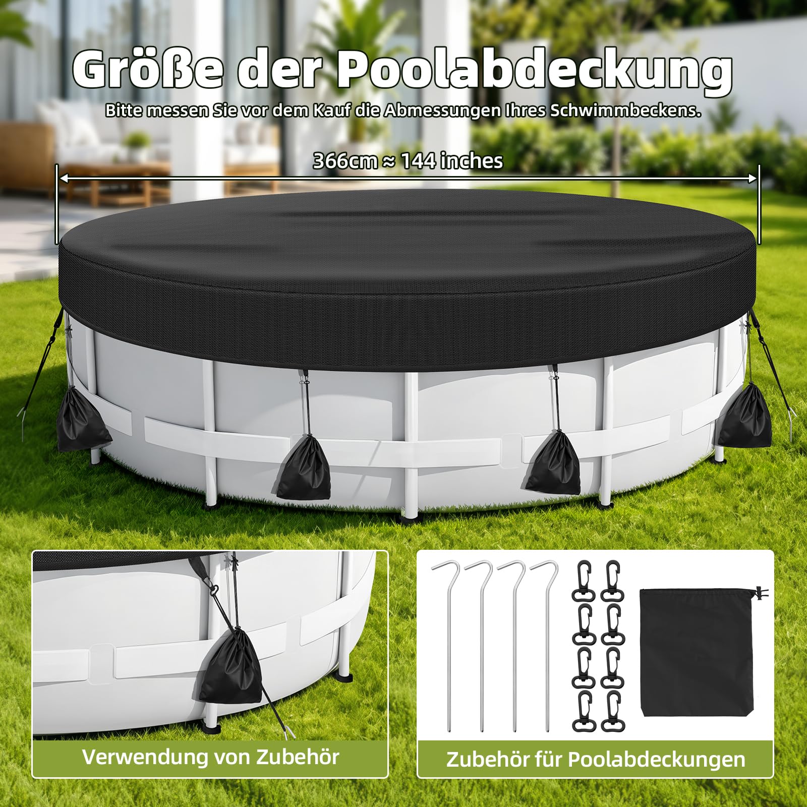 366cm Poolabdeckung Rund mit Kordelzug, Gewichtssack und Bodennägeln