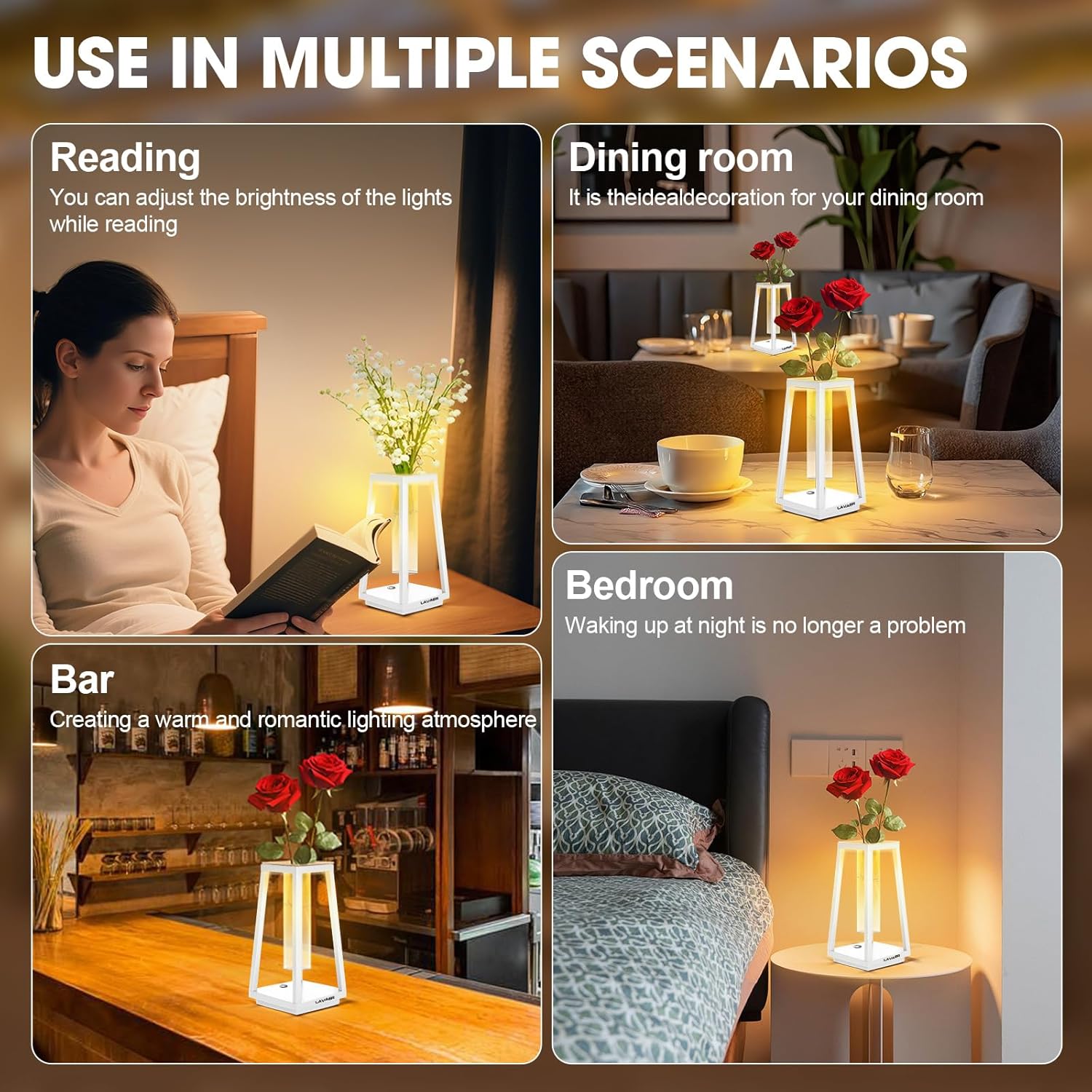 LAVAED Cordless LED Touch Table Lamp,Rechargeable Desk Lamp 4000mAh, 3 Colors Stepless Dimmable Battery Operated Portable Lamp Waterproof Trapezoidal Vase Lamps for Bedroom Decor, Living Room(White)