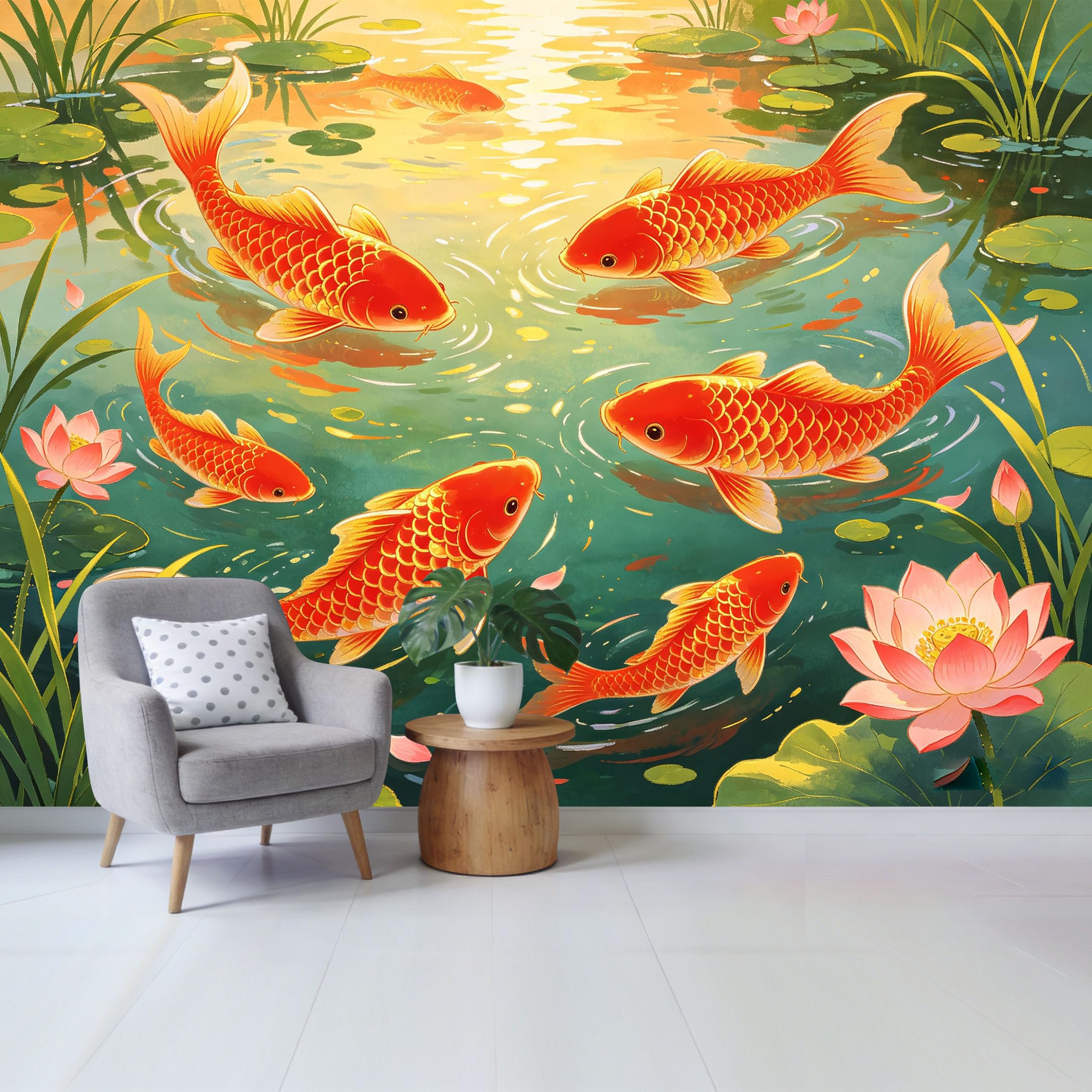 Qzlithotic Yq2605250250 Custom Size Wall Mural Koi Fish Pond Watercolor Botanical Art Selfadhesive Wall Fabric Removable Wallpaper For Home Office Decor