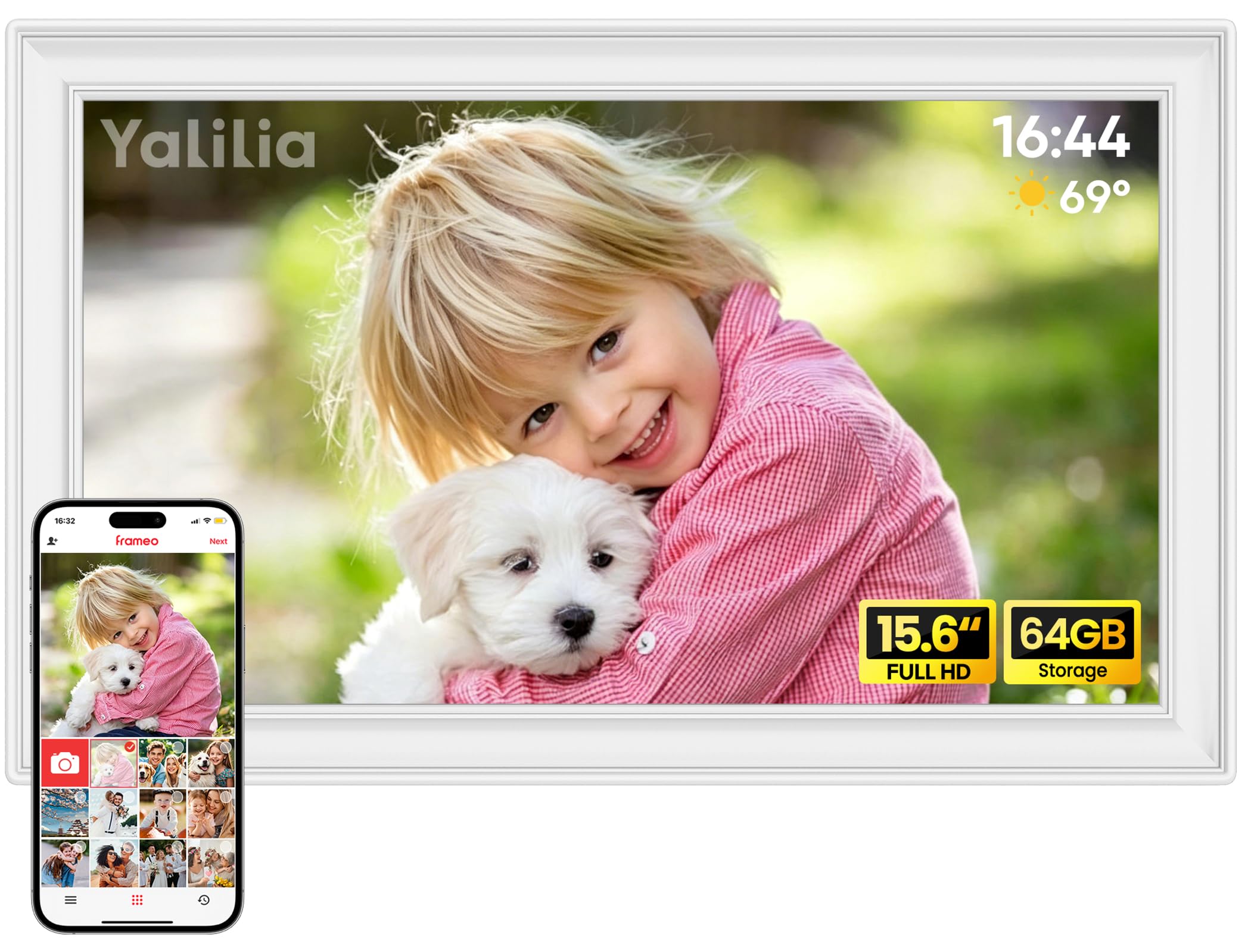 FRAMEO Marco de fotos digital de 64 GB de 15,6 pulgadas, color blanco - FHD 1920 x 1080P IPS pantalla táctil marco digital de rotación automática Marco de fotos electrónico, compartir fotos/vídeos al
