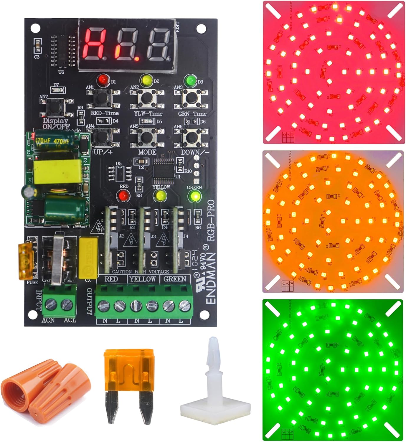 Traffic Light Controller Sequencer with Led Light 3 Color with 39+ Sequences, 3 Channel 80VAC-260VAC, LED Display, (LED Board High Luminance + Controller)