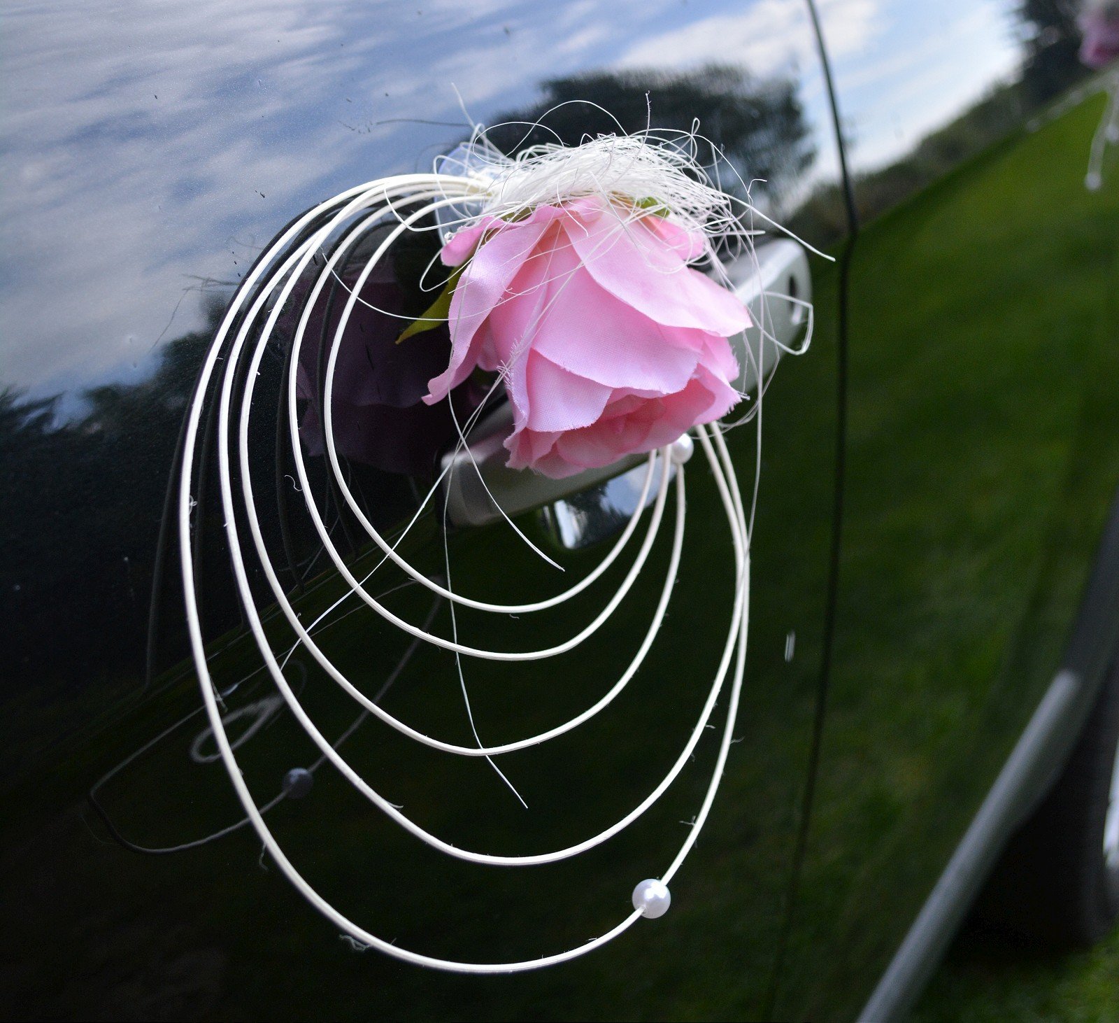 Autoschmuck Autodeko Hochzeit 9 Rosen Dekor Verschieden Farben Komplett Rattan (Blumenstrauß - Rosa, Rosa)