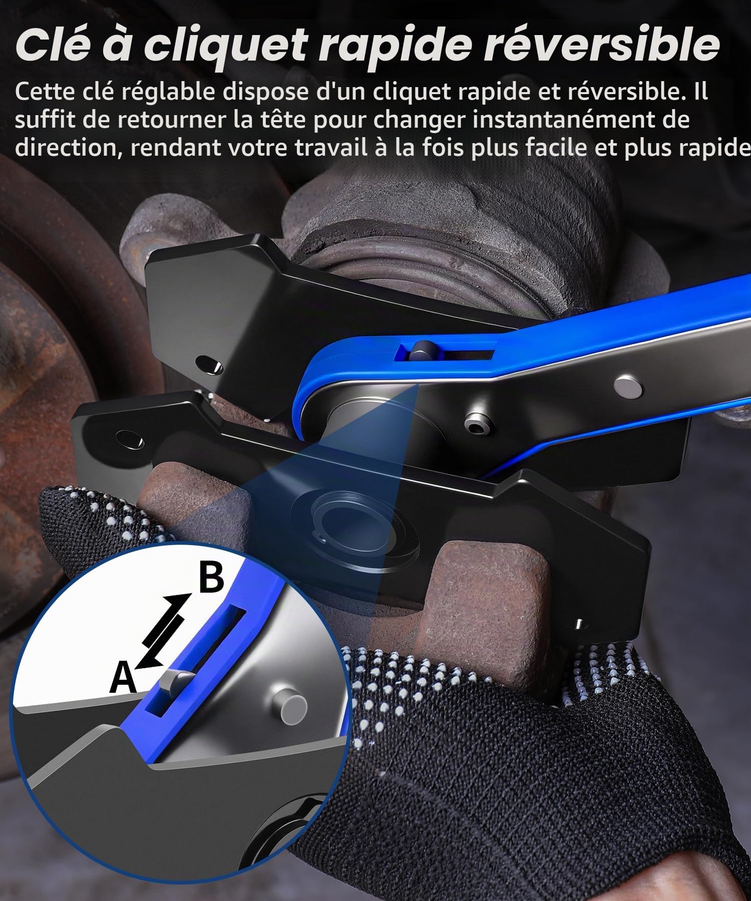 Outil de compression pour étrier de frein, interrupteur à cliquet pivotant à 360° avec 2 grandes plaques en acier supplémentaires et 2 crochets et poignée en nylon, gants de travail pour