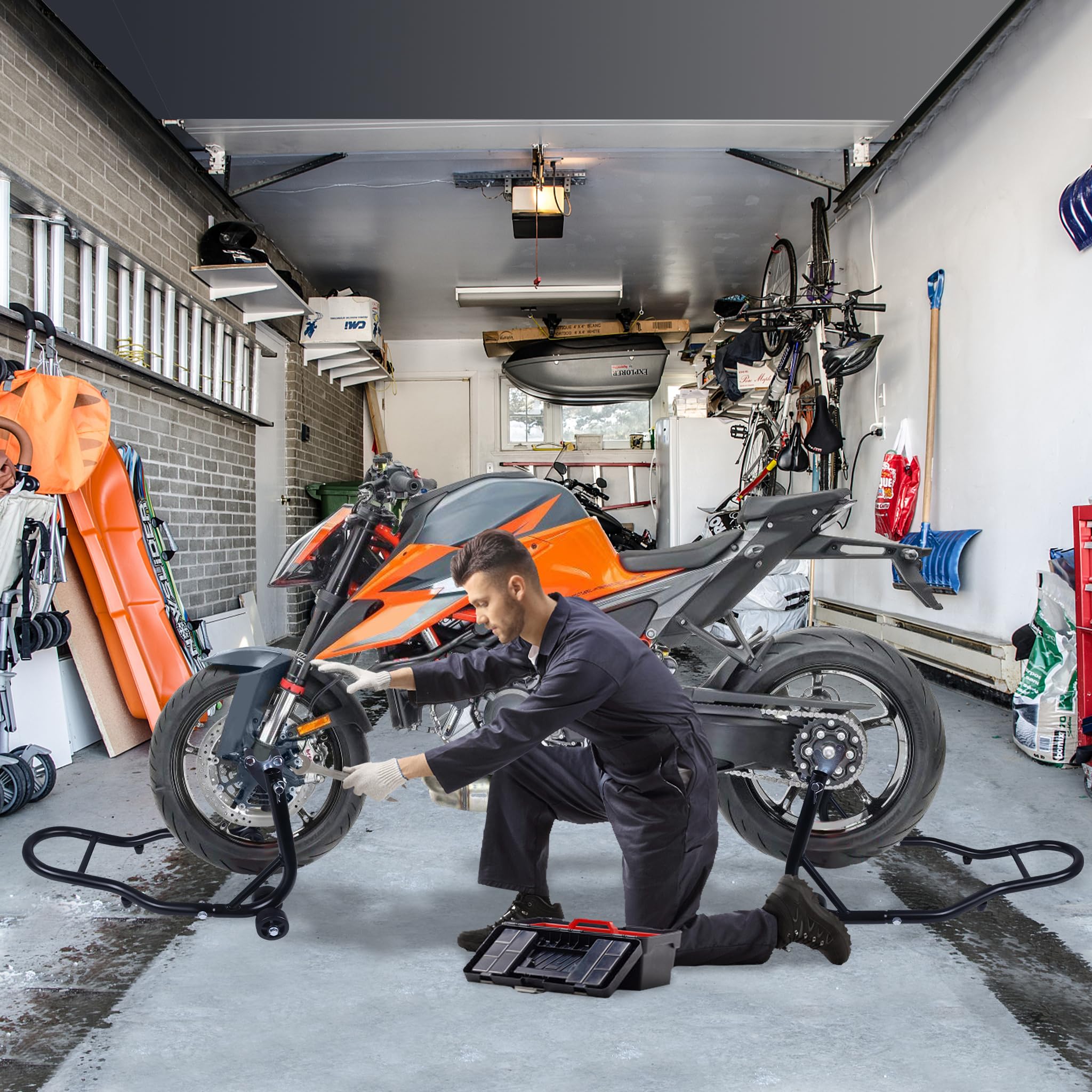 YRHome 2 Stück Motorradständer Vorne + Hinten Motorradheber Motorrad Ständer Motorrad Heber mit 4 Rollen Motorrad Hebebühne