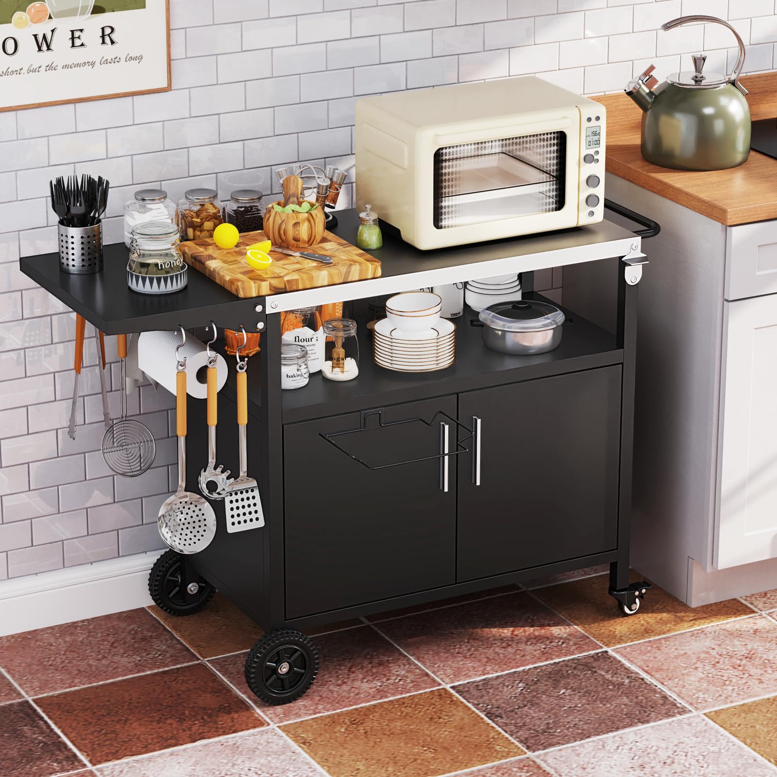 COSTWAY Carro de Barbacoa con Estante Abierto y Armario, Cocina Exterior, Encimera de Acero Inoxidable Plegable, Mueble para BBQ para Picnic, Fiesta, 127 x 50 x 84 cm