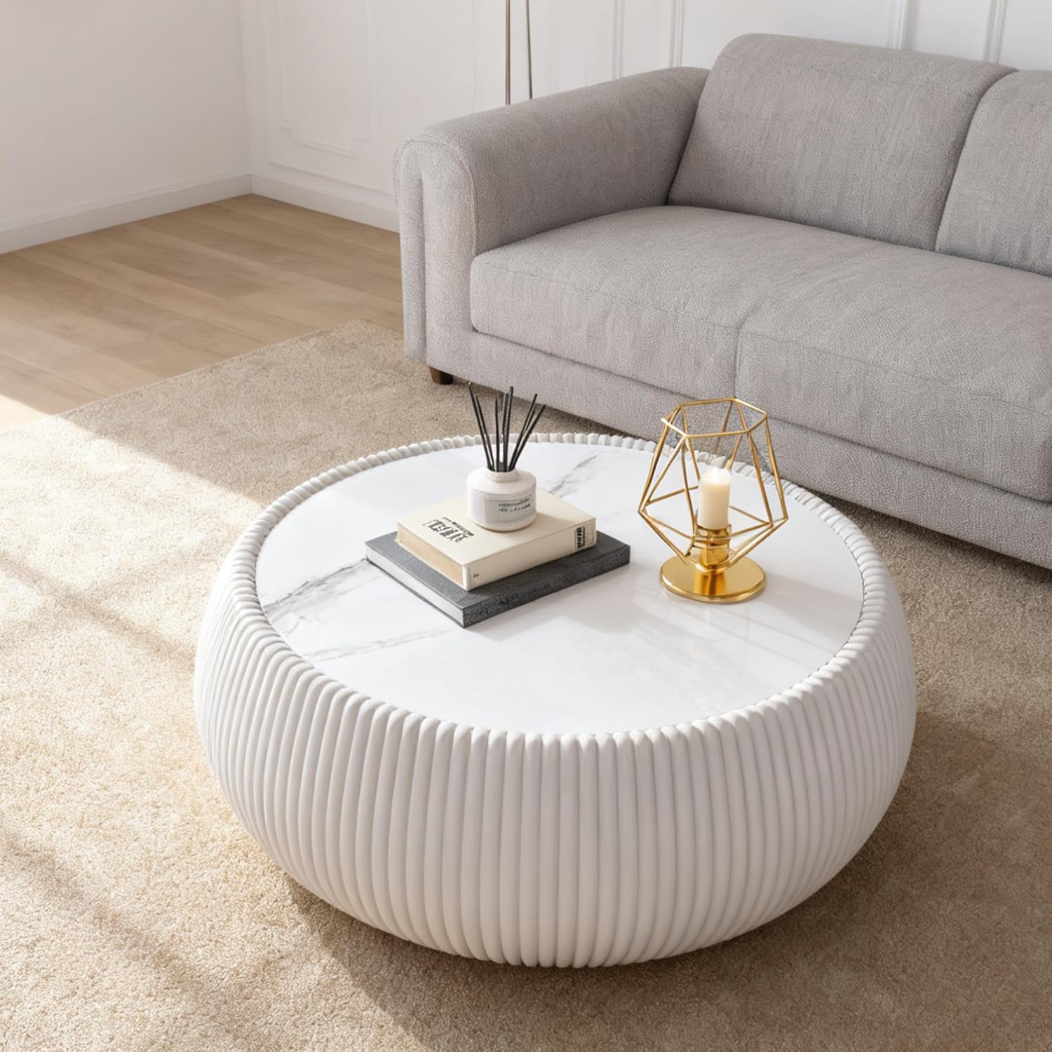 Round Drum Coffee Table Modern Sintered Stone Top Coffee Table in Cream White Leatherette Drum-Shape Center Table for Living Room Bedroom,Fully Assembled