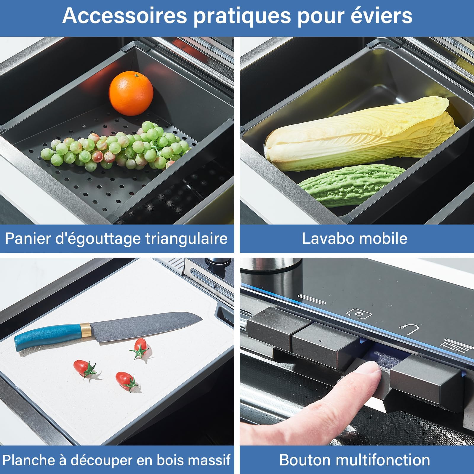 Noir Évier de Cuisine en Acier Inoxydable 304 avec Robinet Extractible Grand Évier Simple Affichage Numérique Intégré Lave-tasses Distributeur de Savon Robinetterie (75 * 45 * 21 cm)