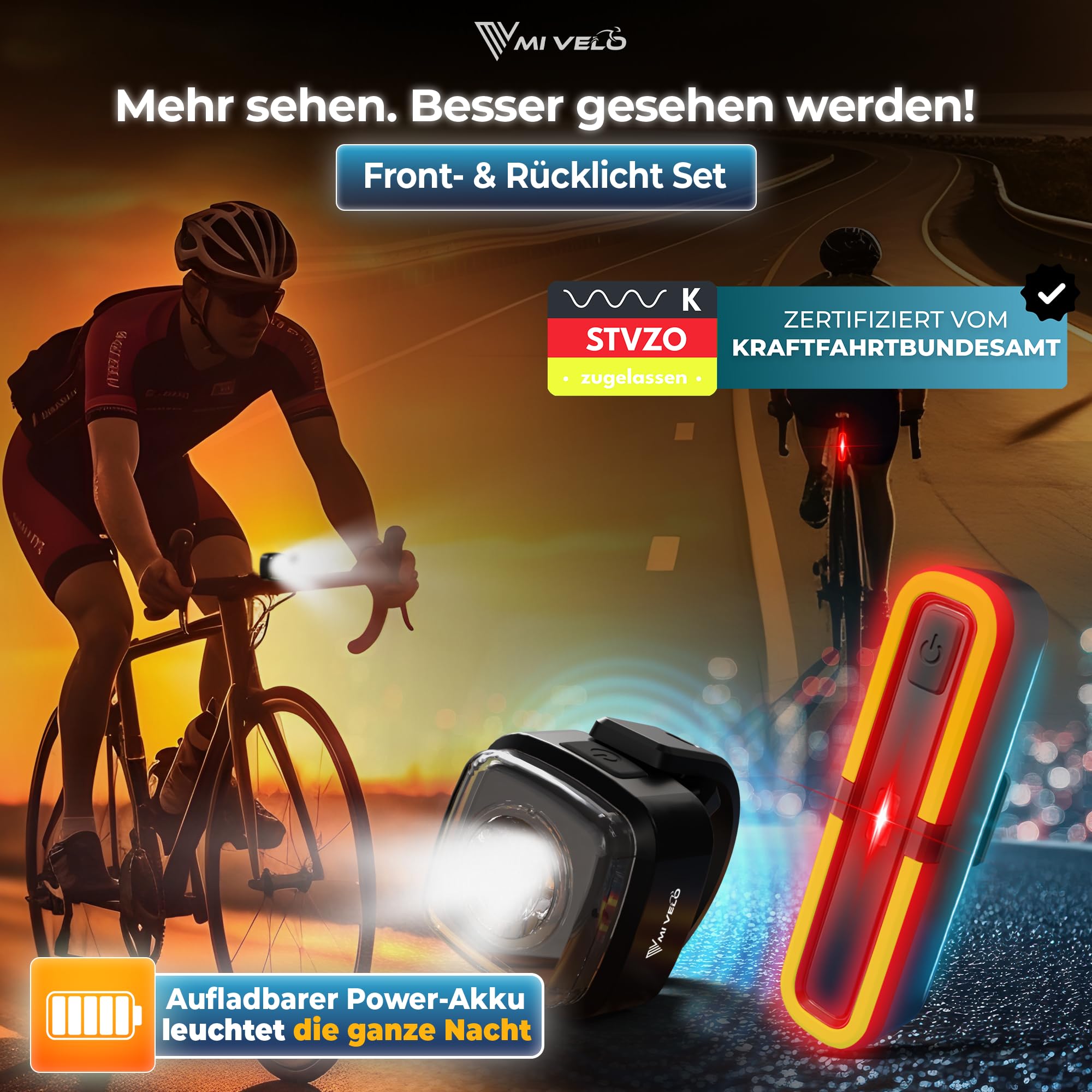 Kit d'éclairage de vélo avec indicateur de freinage - Lampe de vélo LED homologuée StVZO et étanche IPX5 - Éclairage de vélo avant et arrière rechargeable par USB - Feu avant et arrière de vélo avec