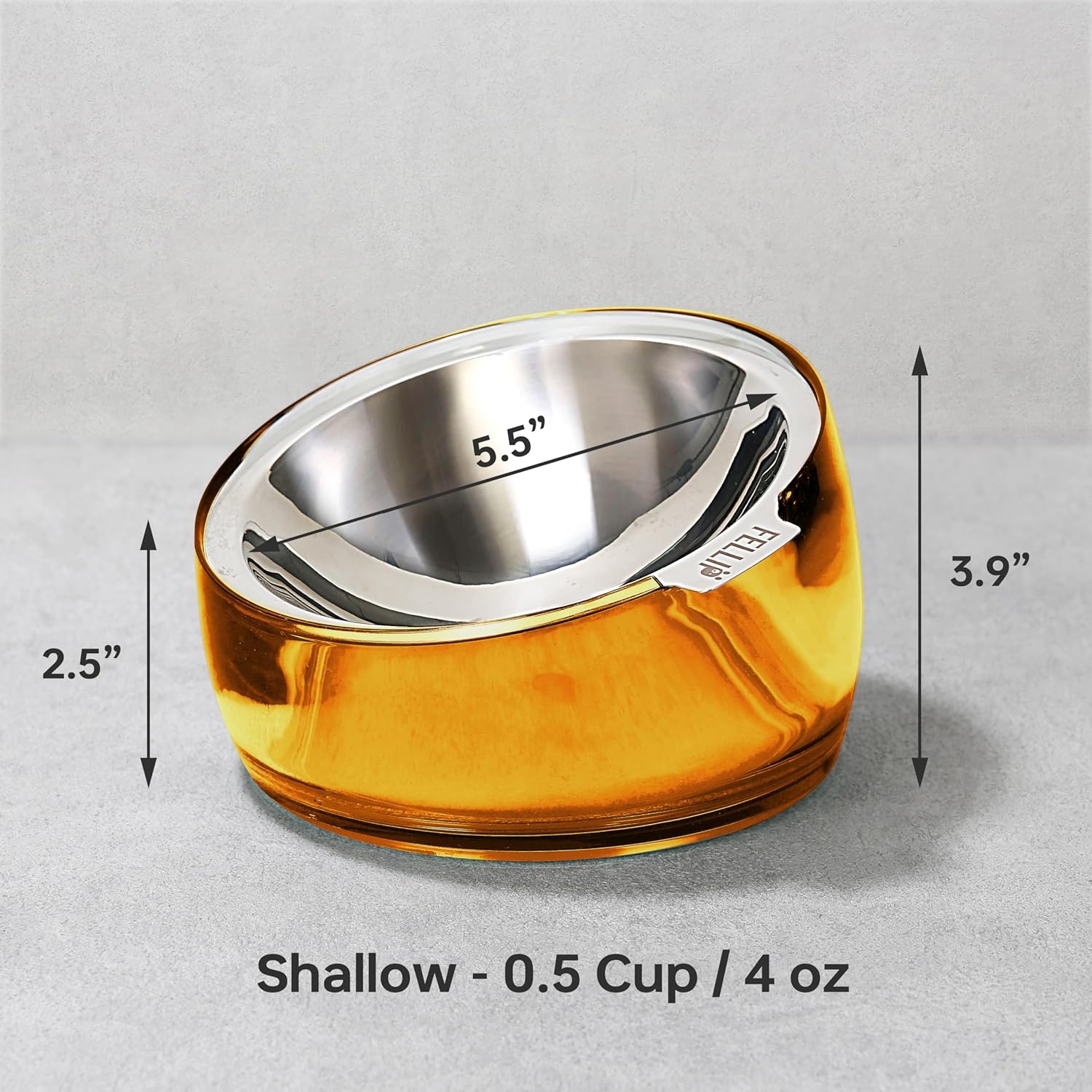 Felli Pet Oblik Whisker Fatigue Cat Food Bowl Raised Stainless Steel Shallow Dish, Pet Design Anti Vomit Tilted Metal Plate Feeder Elevated Acrylic Base for Treats Storage(Gold, 0.5 Cups Shallow Dish)