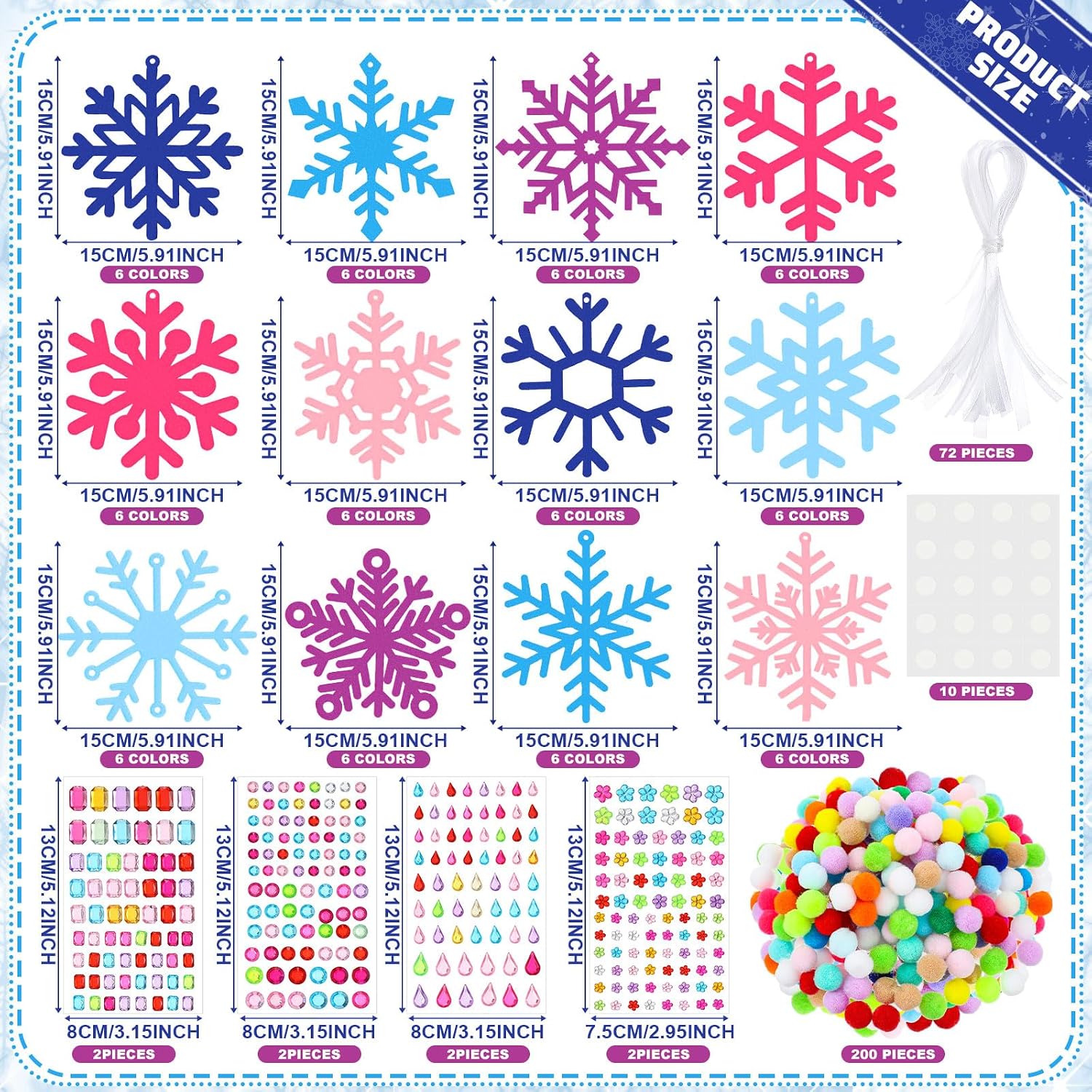 Jetec 72 Set Holiday Snowflake Craft Kit Winter DIY Hanging January Craft Ornaments Snowflake Kit for Christmas Tree Home Activity Decorations Party Favors Home Activities(Assorted Color)