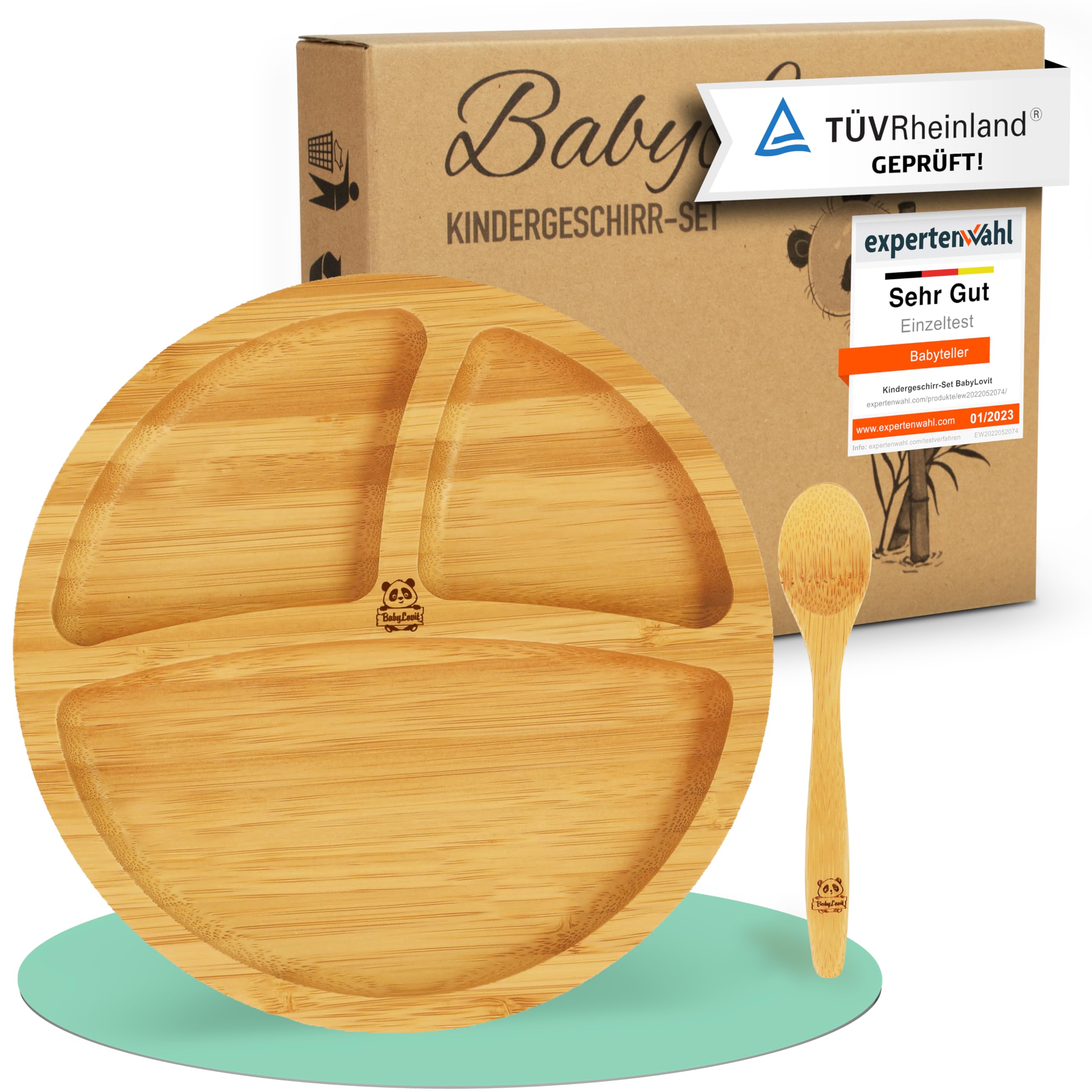 Ventouse pour bébé et cuillère en bambou naturel L'original «Bambol» de Babylovit | Forme de vache | Apprenez les plats | Boîte repas assiette