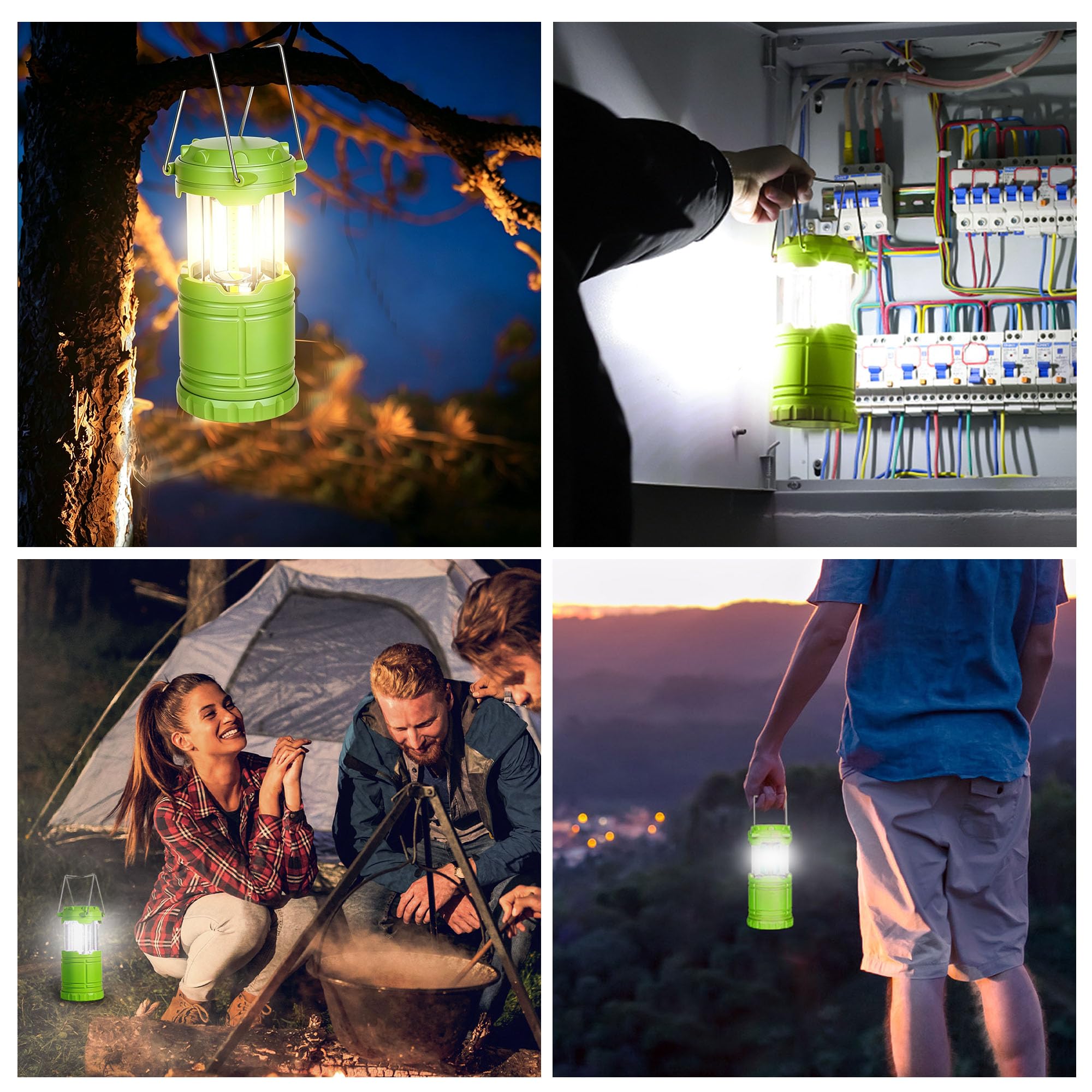 Paquete de 4 linternas LED de camping, luces de emergencia esenciales para cortes de energía, senderismo, huracán, verde