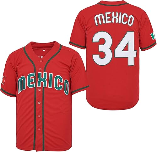 México 34 7 Button Down Baseball Jersey de manga corta Hipster 80S 90S Hip Hop Baseball Jersey