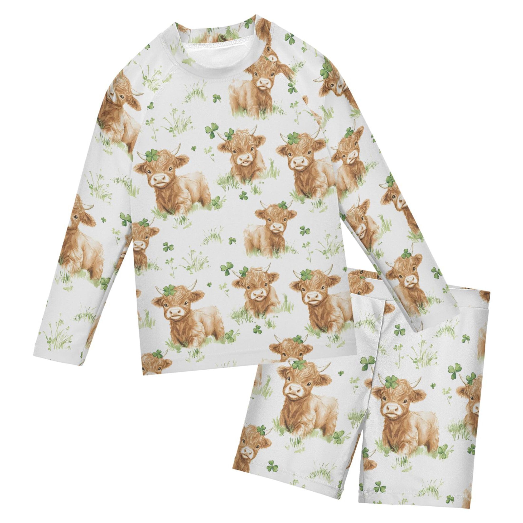 St Patricks Day Highland Cow Clover Baby Boys' Toddler Long Sleeved Rashguard Swim Bathing Suit Set B0403788