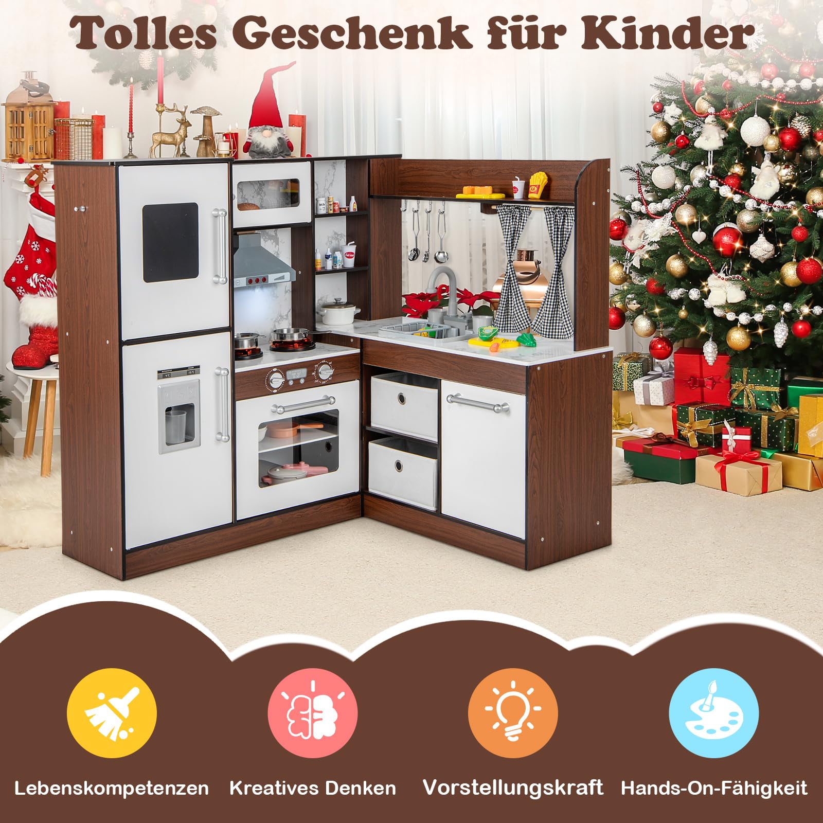 DREAMADE Kinderküche Holz mit 20 TLG. Spielzubehör, Kinder Küche Holzküche Eckküche mit Tafel Herd Spüle Backofen, Spielküche mit Licht und Sound für Kinder ab 3 Jahren