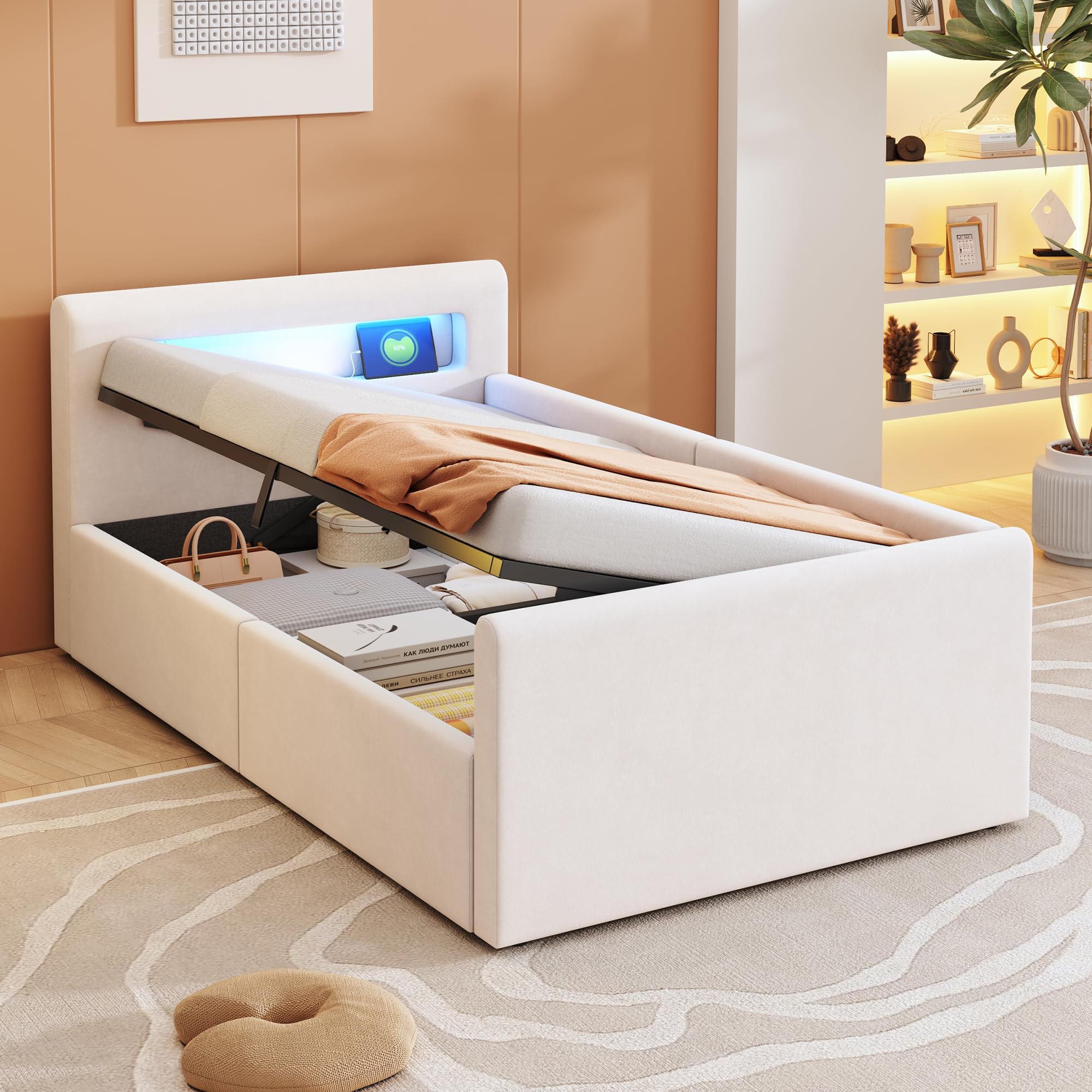 Lubvtti Letto singolo imbottito 90×200cm, Letto contenitore con luce LED e porta USB, Con vano portaoggetti, Letto per bambini con vano contenitore idraulico, Velluto, Beige (materasso non incluso)