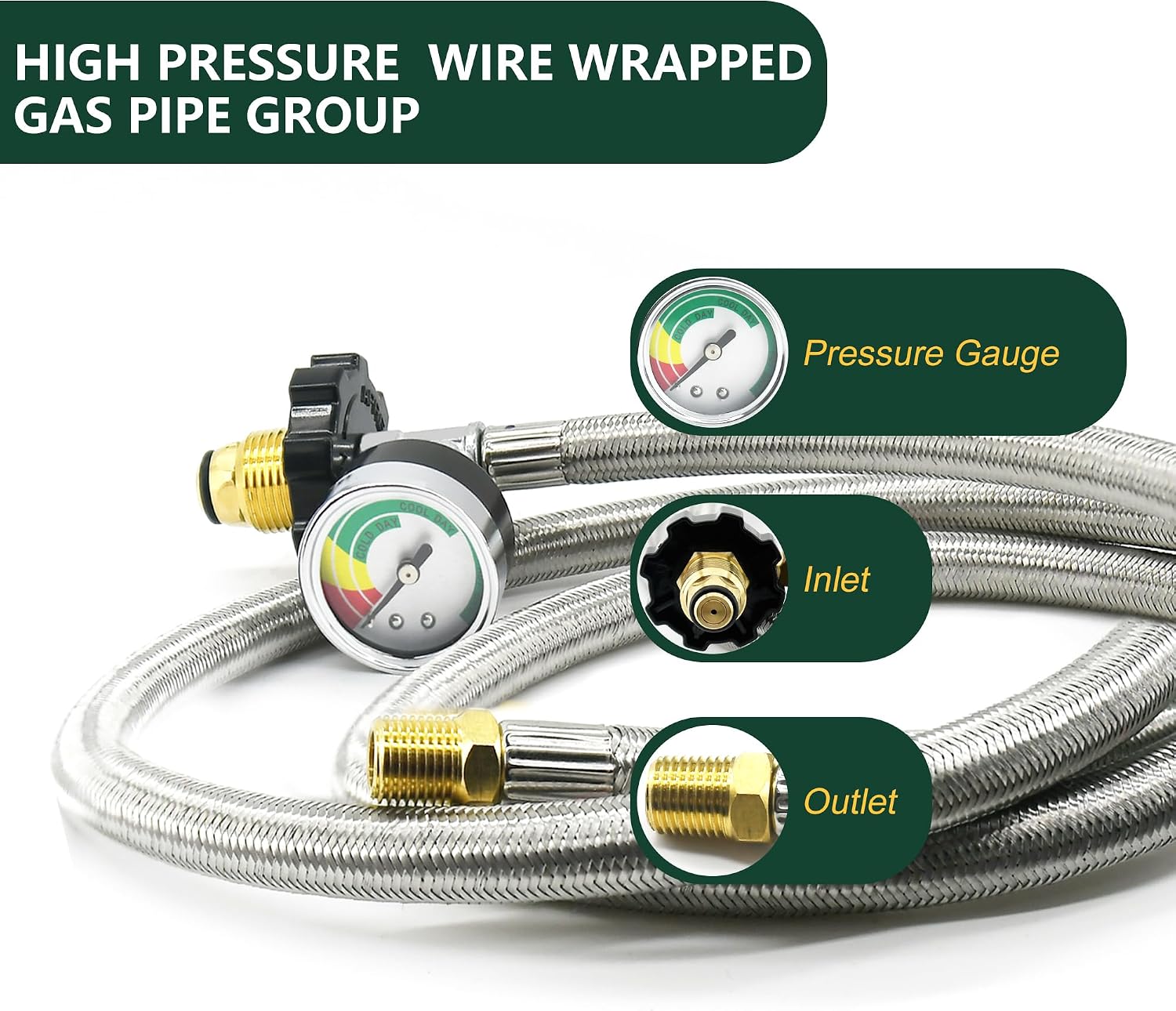 10 Feet Propane Hose Extension with Gauge, POL x 1/4" Male NPT, Stainless Steel Braided Supply Pigtail Hose, for 5-100lb Tank Connection, Extend a Stay RV Propane Kit, Dual Regulator, Camper