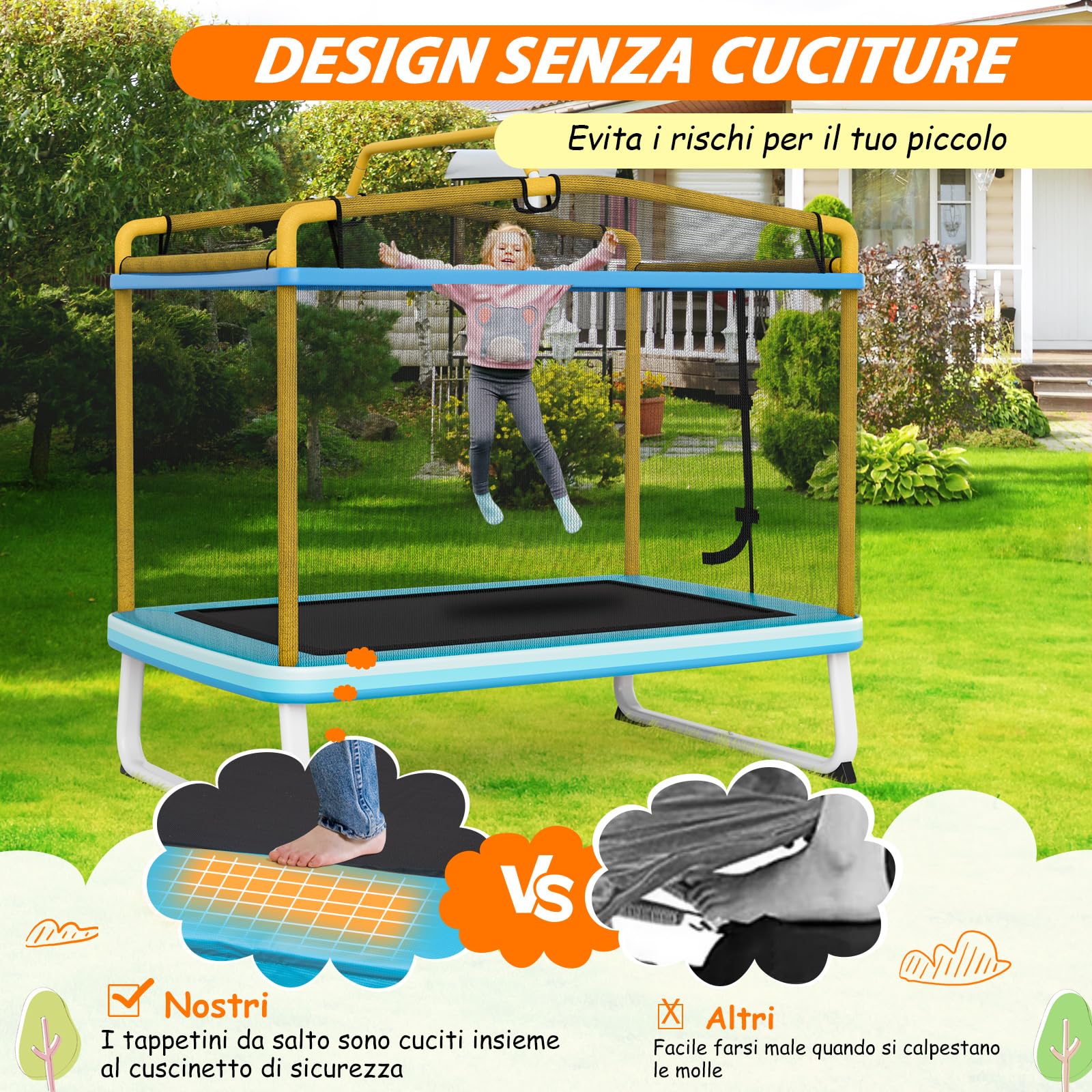 COSTWAY Trampolino Rettangolare per Bambini 3-in-1 190 x 124 cm, Tappetto Elastico per Bambini da Esterno ed Interno con Rete, Altalena, Barra, Copertura e Design senza Fessure