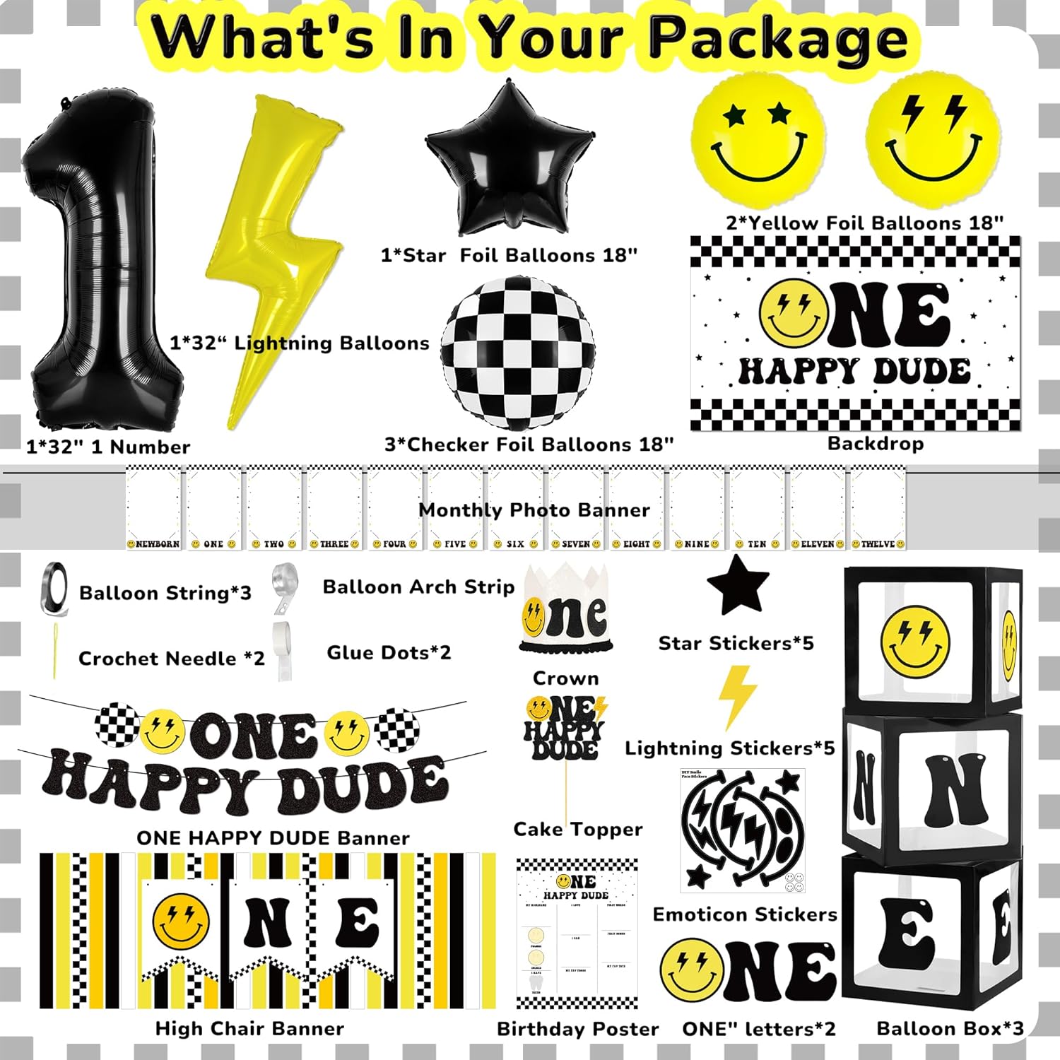 Kriyokiaa One Happy Dude 1st Birthday Decorations for Boy Smile Face Balloons Arch High Chair Banner Backdrop Birthday Party Supplies Backdrops